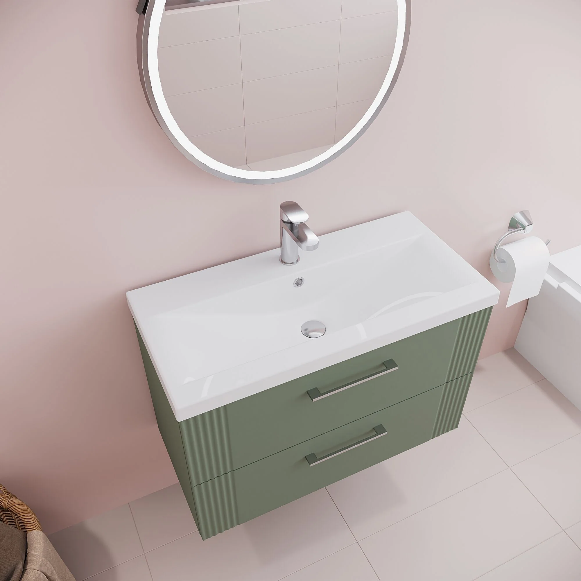 Belvide Partial Fluted 2 Drawer Wall Hung Vanity Unit with Mid-Edge 1 Tap Hole Ceramic Basin - Image 45