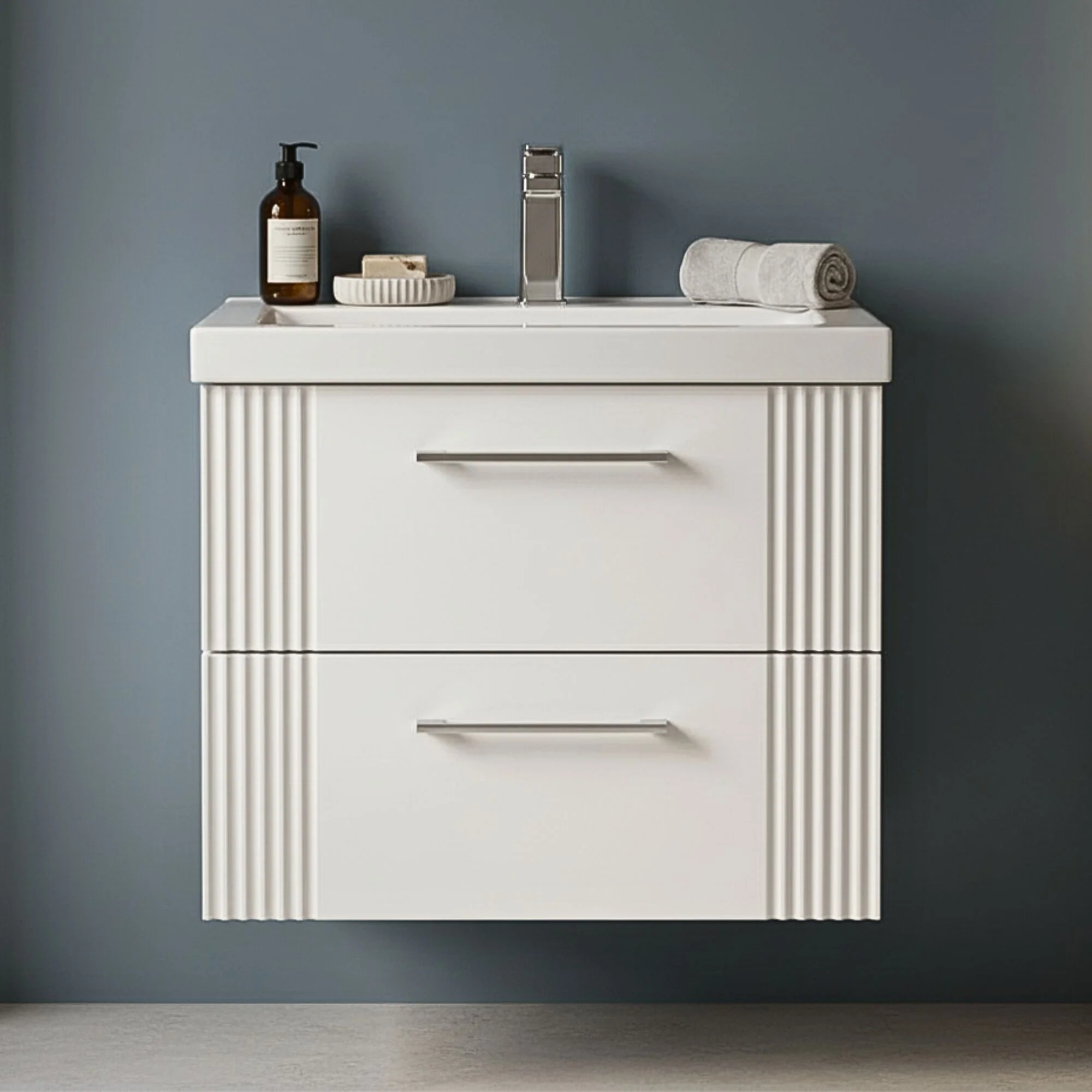 Belvide Partial Fluted 2 Drawer Wall Hung Vanity Unit with Mid-Edge 1 Tap Hole Ceramic Basin - Image 5
