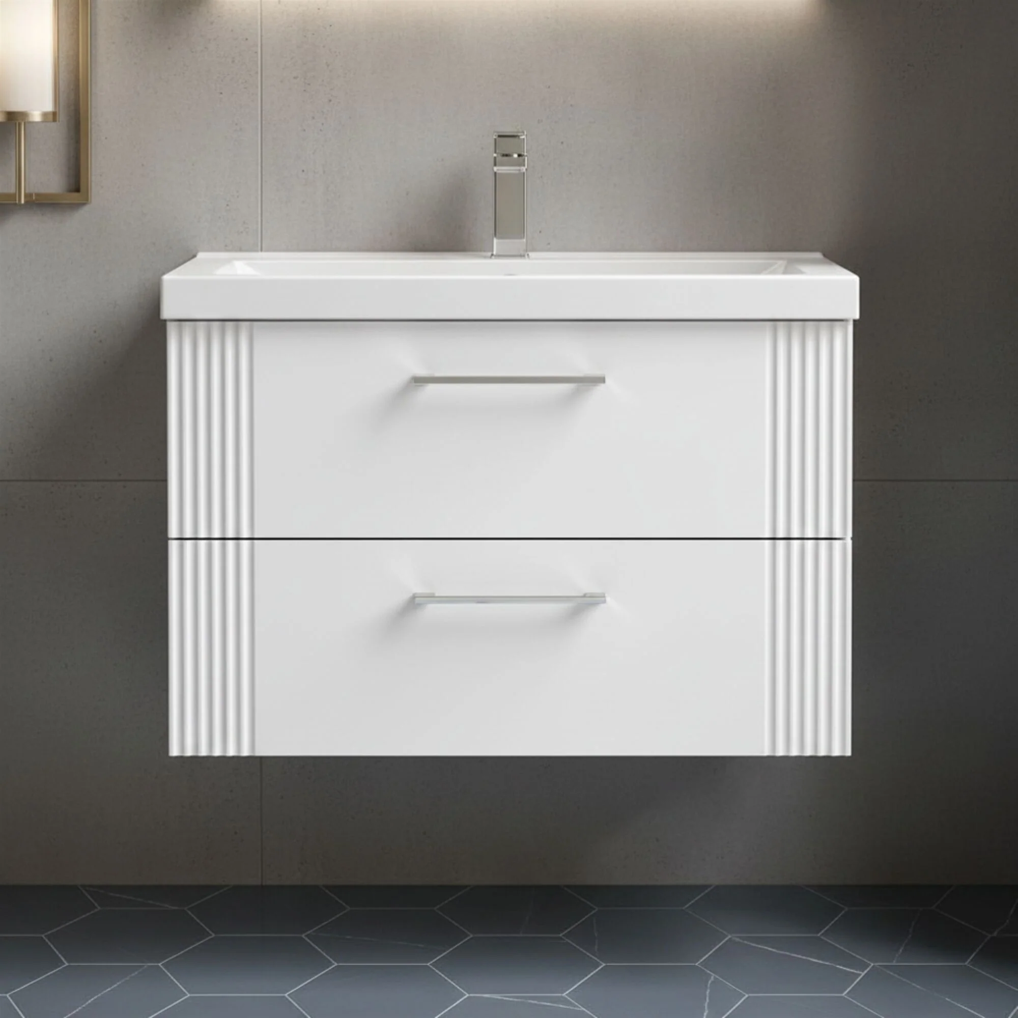 Belvide Partial Fluted 2 Drawer Wall Hung Vanity Unit with Mid-Edge 1 Tap Hole Ceramic Basin - Image 6