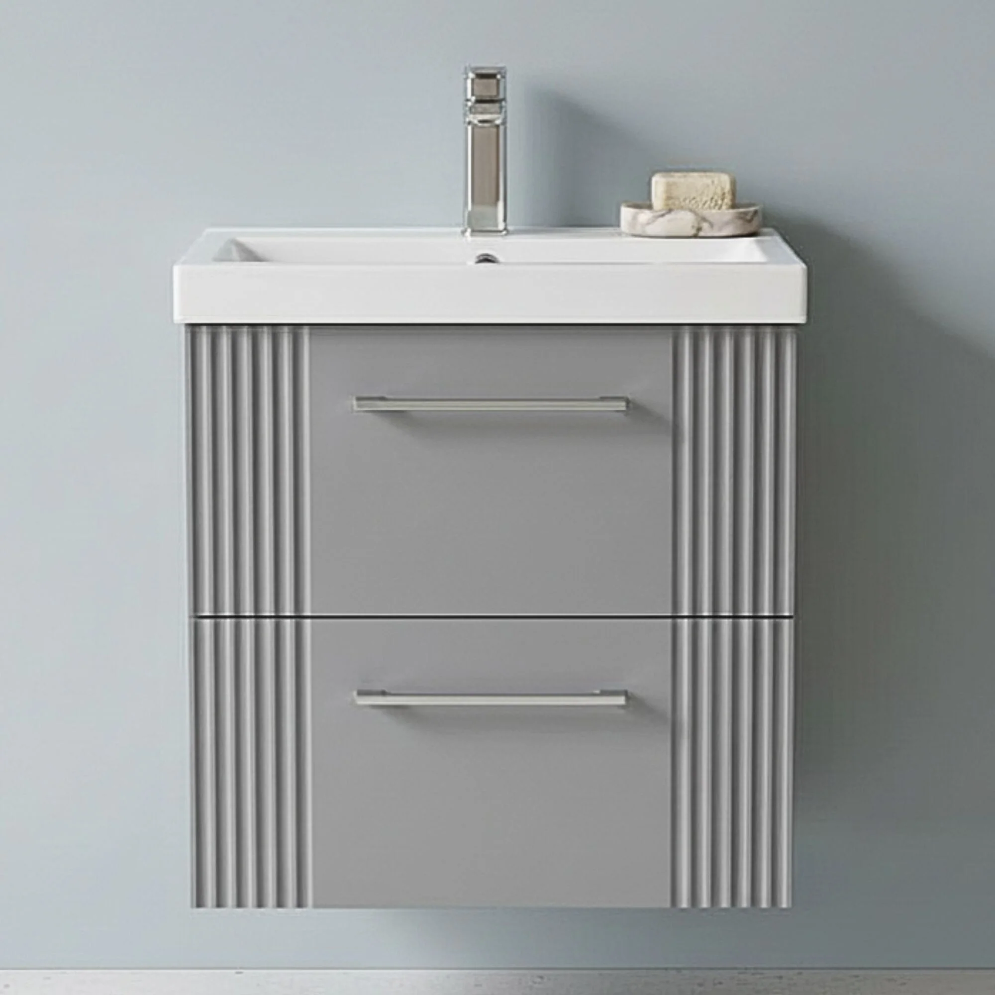 Belvide Partial Fluted 2 Drawer Wall Hung Vanity Unit with Mid-Edge 1 Tap Hole Ceramic Basin - Image 7