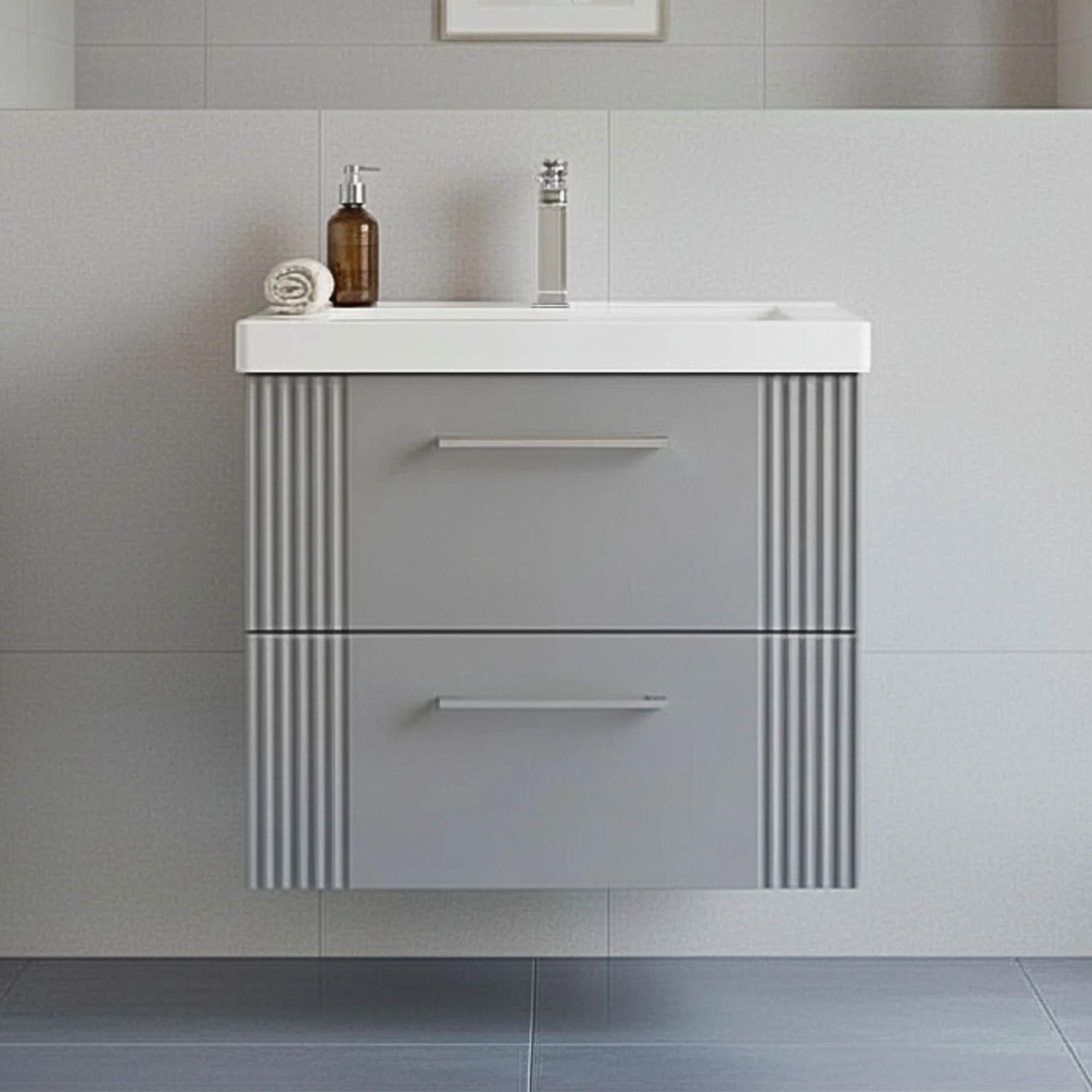 Belvide Partial Fluted 2 Drawer Wall Hung Vanity Unit with Mid-Edge 1 Tap Hole Ceramic Basin - Image 8