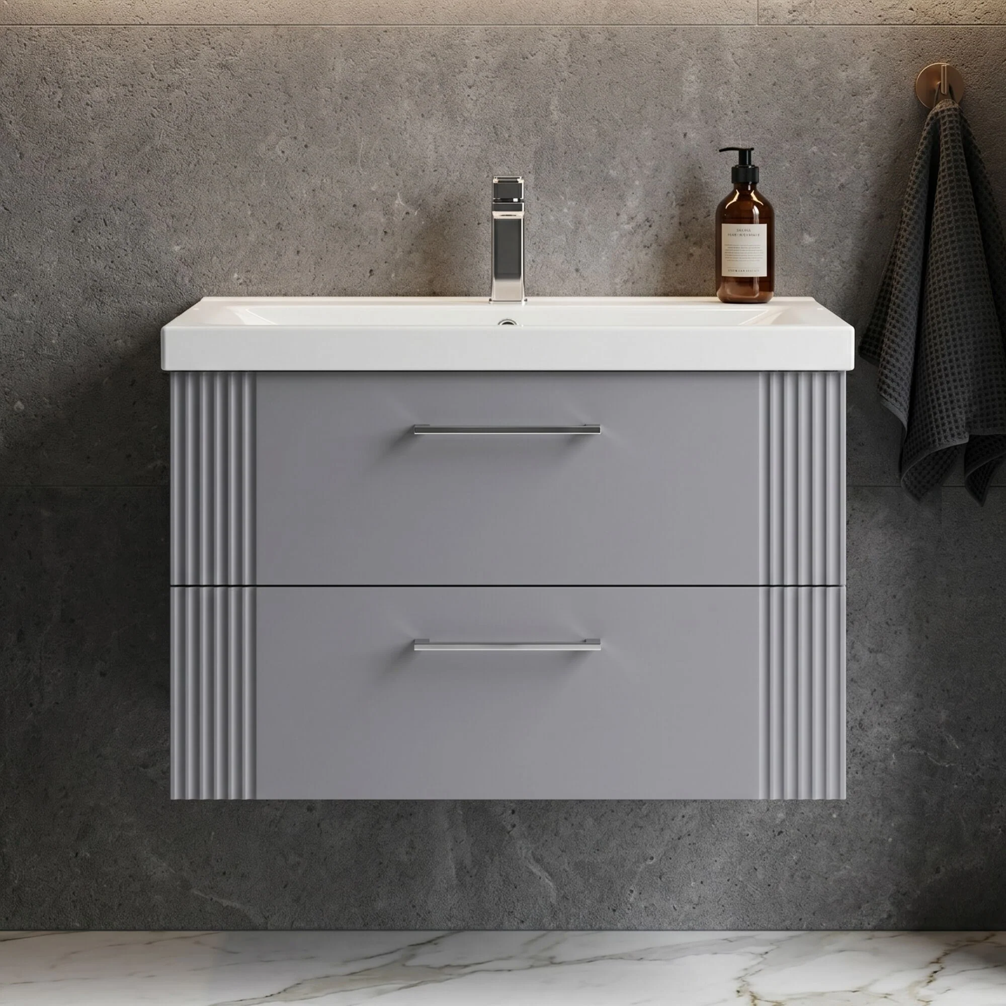 Belvide Partial Fluted 2 Drawer Wall Hung Vanity Unit with Mid-Edge 1 Tap Hole Ceramic Basin - Image 9