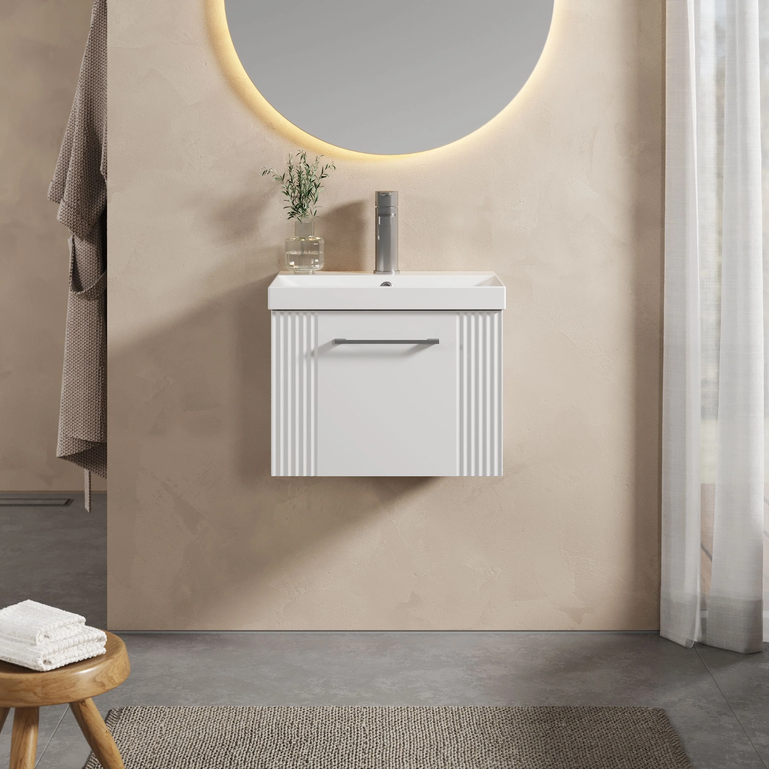 Belvide Retro Partial Fluted 1 Drawer Wall Hung Vanity Basin Unit with Thin-Edge Basin, Choice of Size and Colour - Image 2