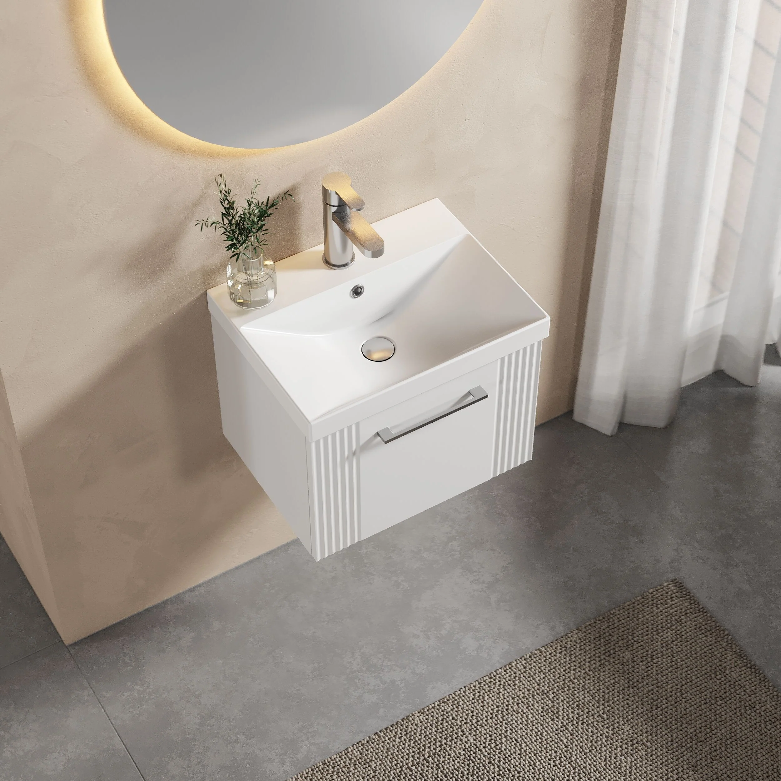 Belvide Retro Partial Fluted 1 Drawer Wall Hung Vanity Basin Unit with Thin-Edge Basin, Choice of Size and Colour - Image 3