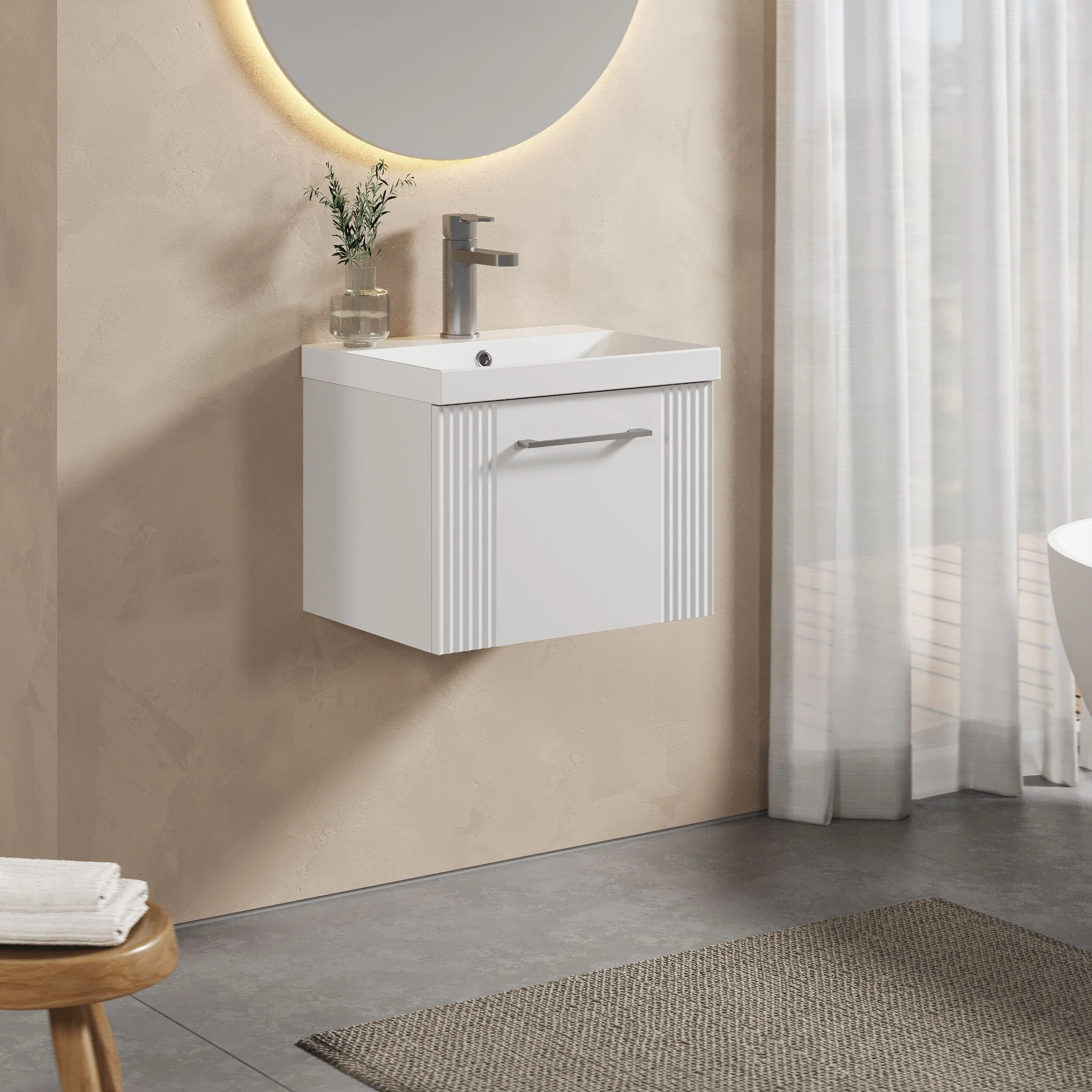 Belvide Retro Partial Fluted 1 Drawer Wall Hung Vanity Basin Unit with Thin-Edge Basin, Choice of Size and Colour - Image 4