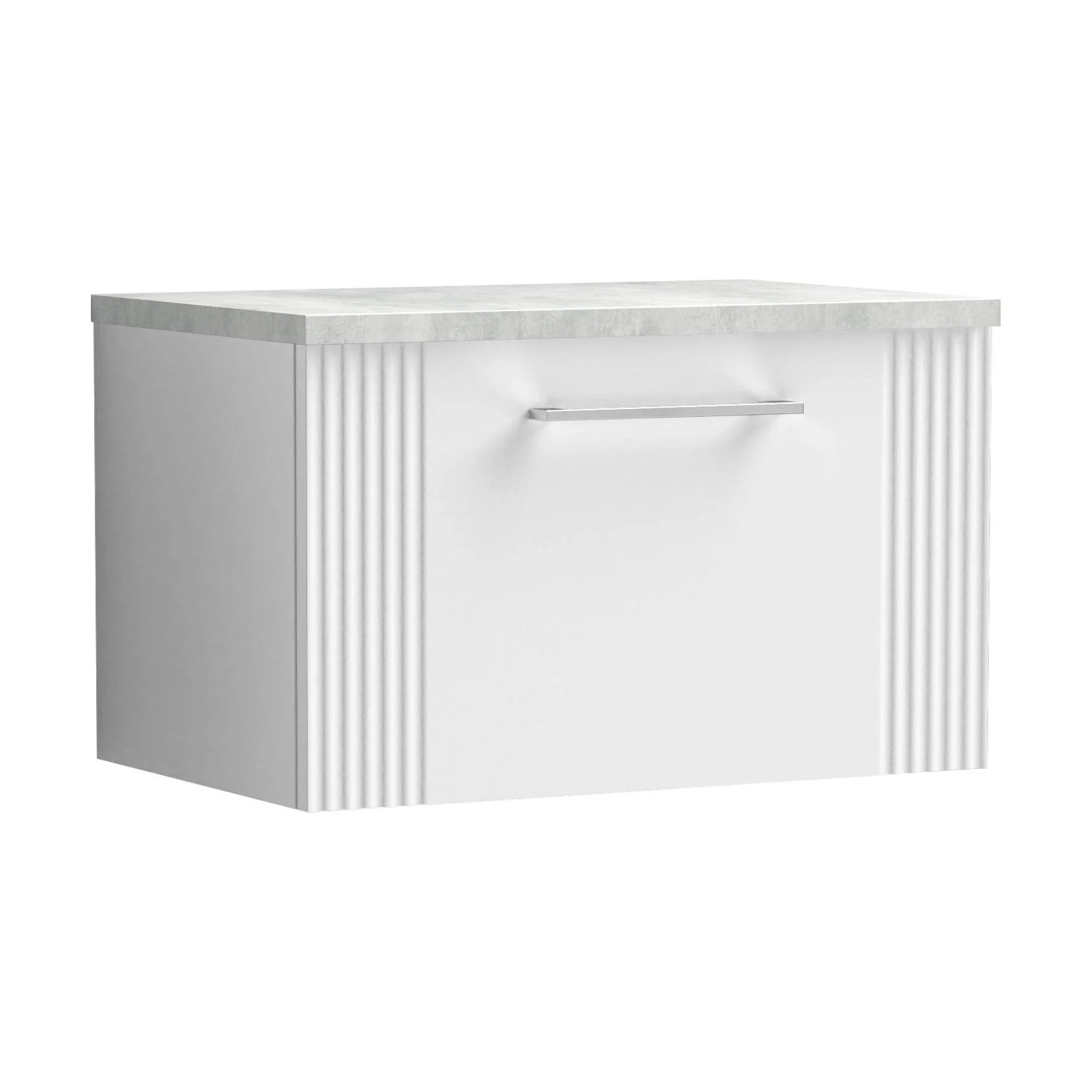Belvide Retro Partial Fluted 1 Drawer Wall Hung Vanity Unit with Bellato Grey Laminate Worktop, Choice of Size and Colour