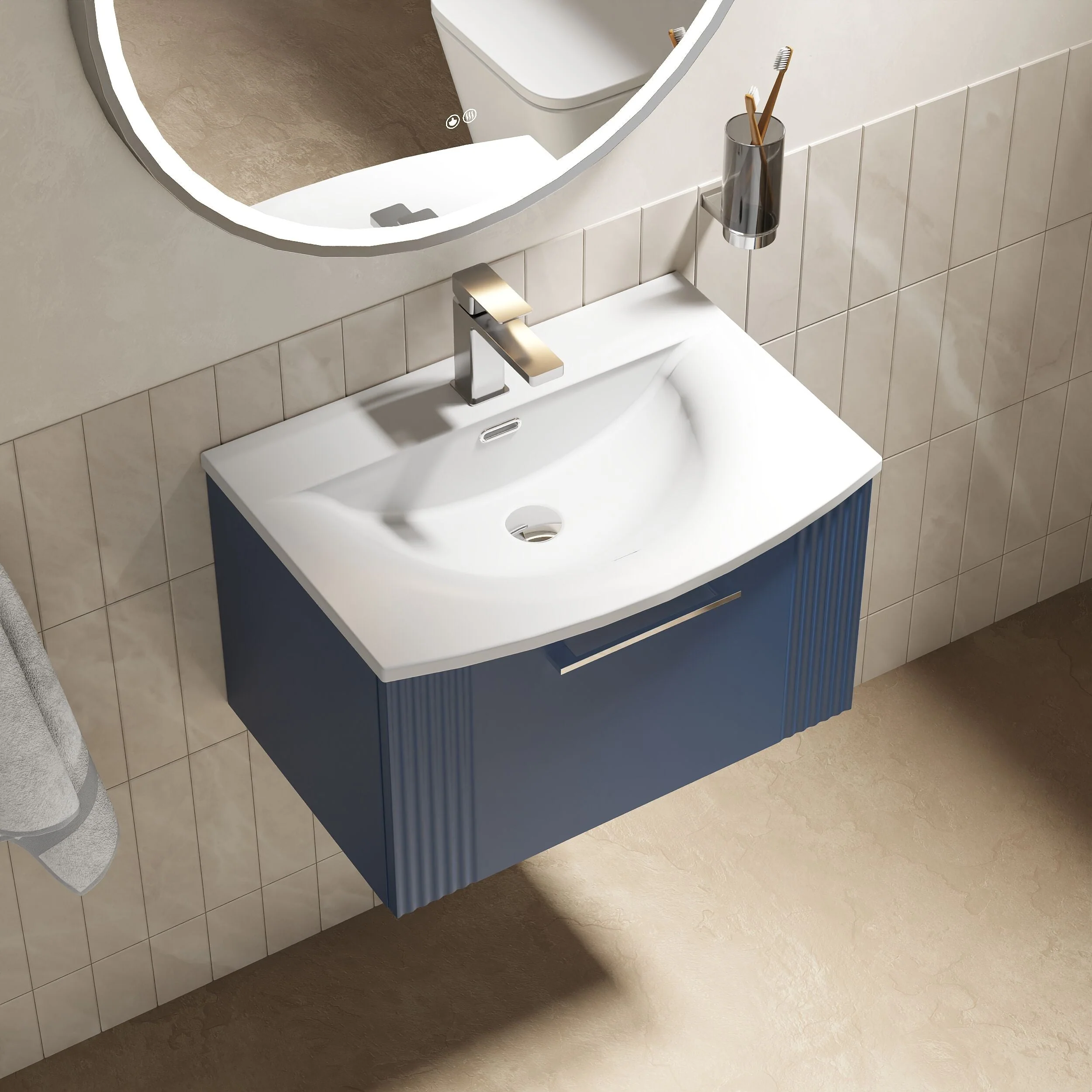 Belvide Retro Partial Fluted 1 Drawer Wall Hung Vanity Unit with Colour Coordinating Worktop, Choice of Size and Colour - Image 15