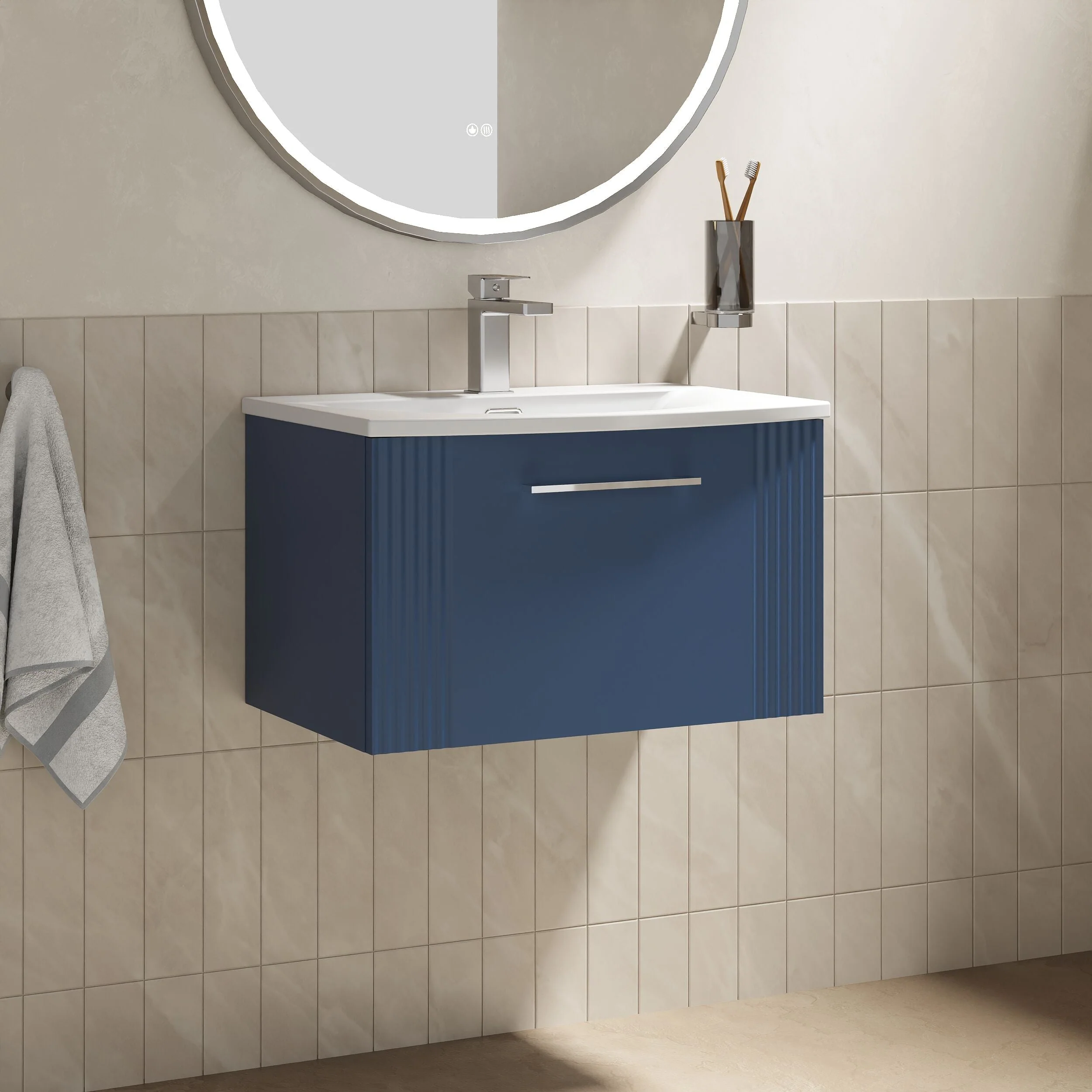 Belvide Retro Partial Fluted 1 Drawer Wall Hung Vanity Unit with Colour Coordinating Worktop, Choice of Size and Colour - Image 16