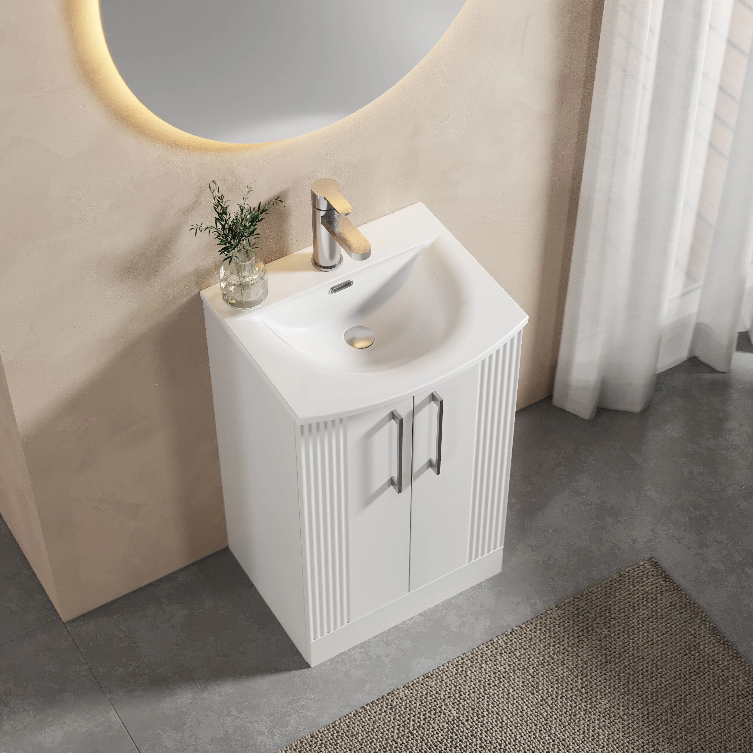 Belvide Retro Partial Fluted 2 Door Floor Standing Vanity Basin Unit with Curved Basin, Choice of Size and Colour - Image 3