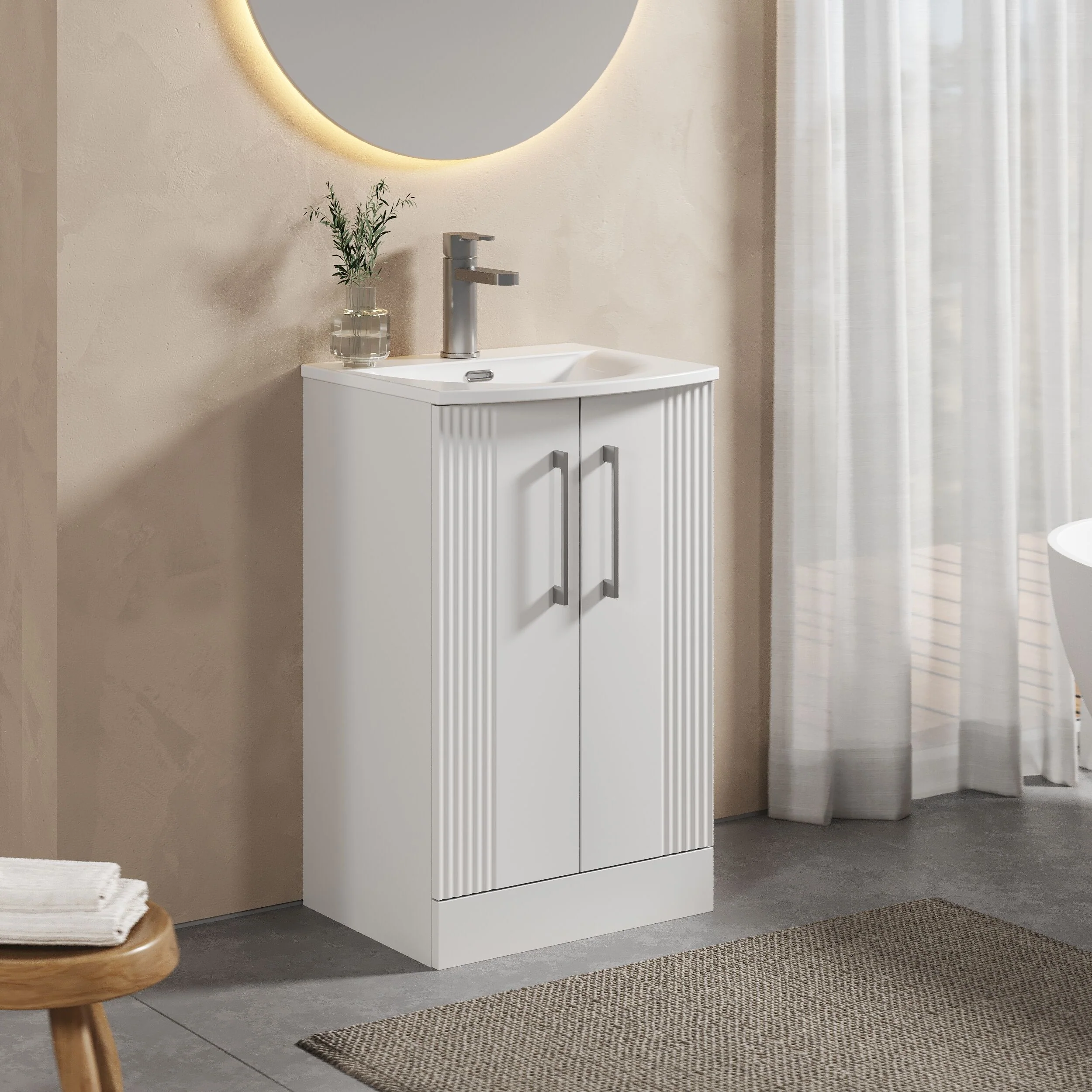 Belvide Retro Partial Fluted 2 Door Floor Standing Vanity Basin Unit with Curved Basin, Choice of Size and Colour - Image 4