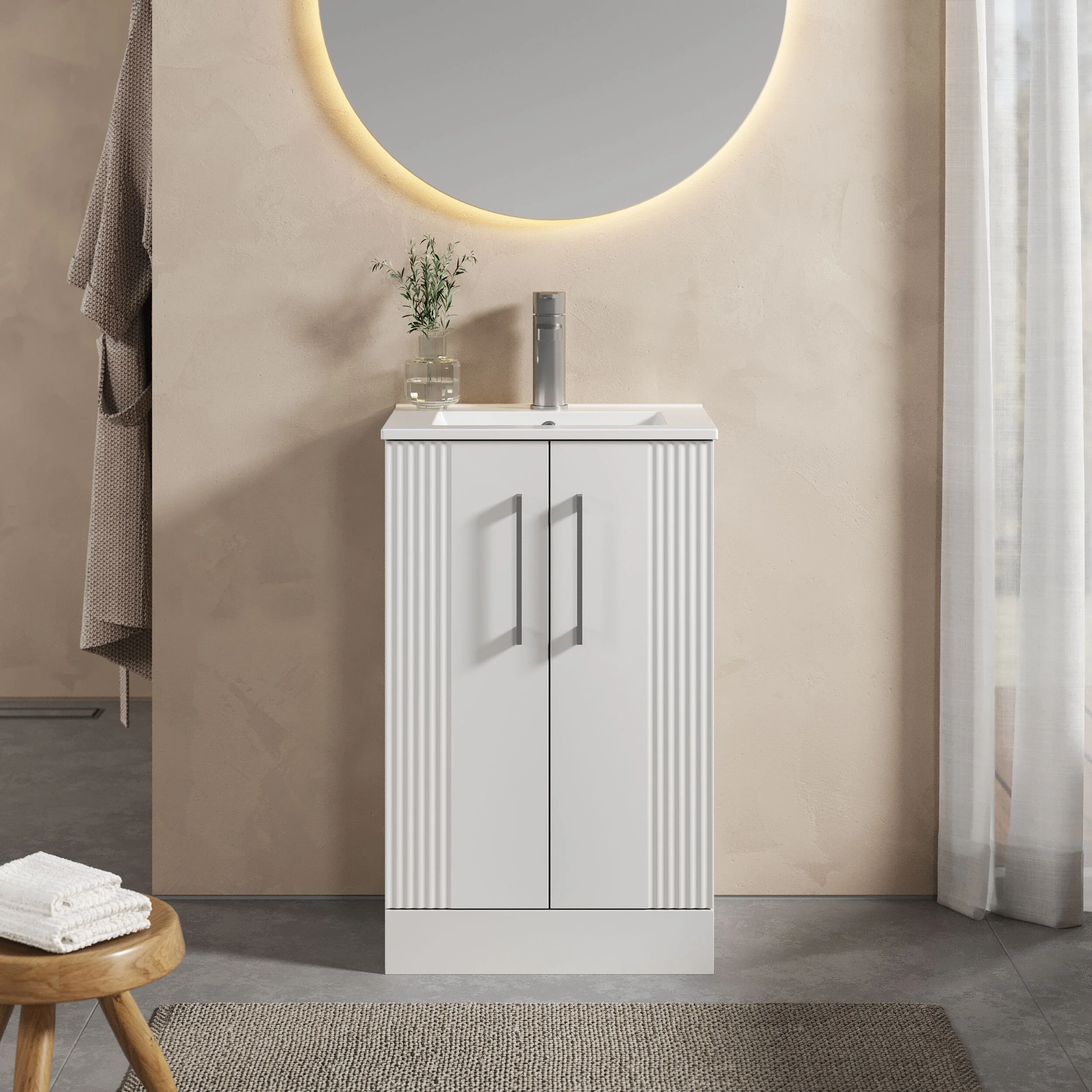 Belvide Retro Partial Fluted 2 Door Floor Standing Vanity Basin Unit with Minimalist Basin, Choice of Size and Colour - Image 2