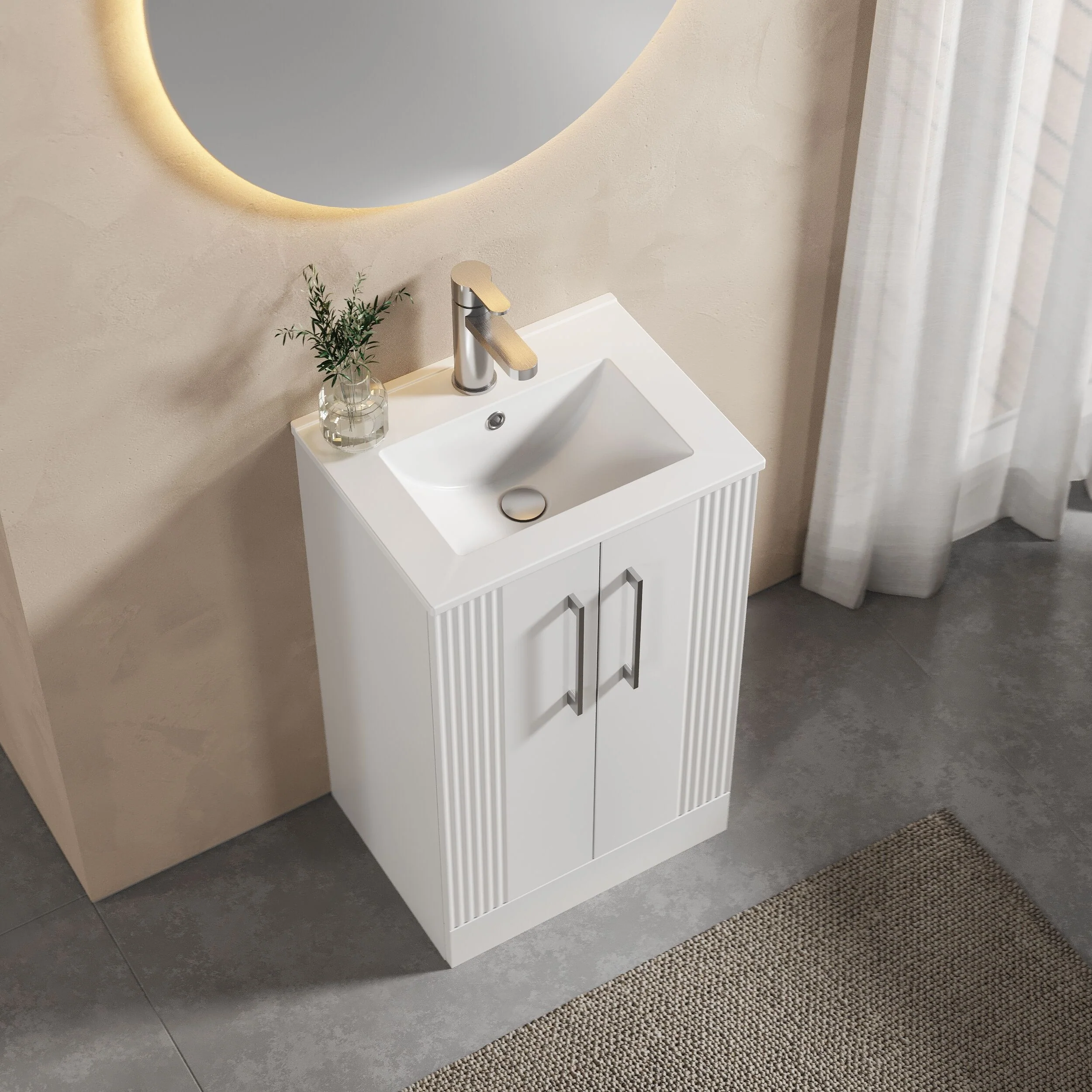 Belvide Retro Partial Fluted 2 Door Floor Standing Vanity Basin Unit with Minimalist Basin, Choice of Size and Colour - Image 3