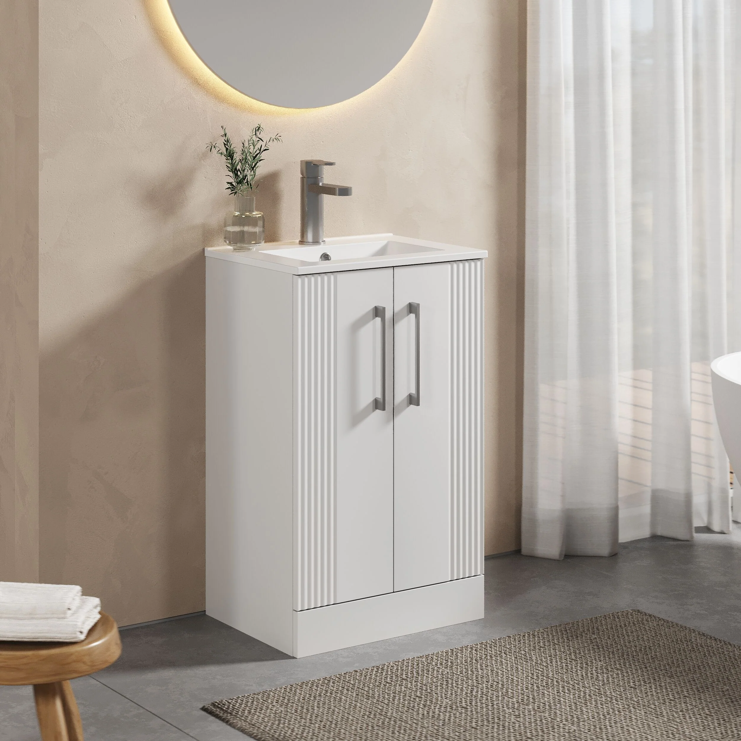 Belvide Retro Partial Fluted 2 Door Floor Standing Vanity Basin Unit with Minimalist Basin, Choice of Size and Colour - Image 4