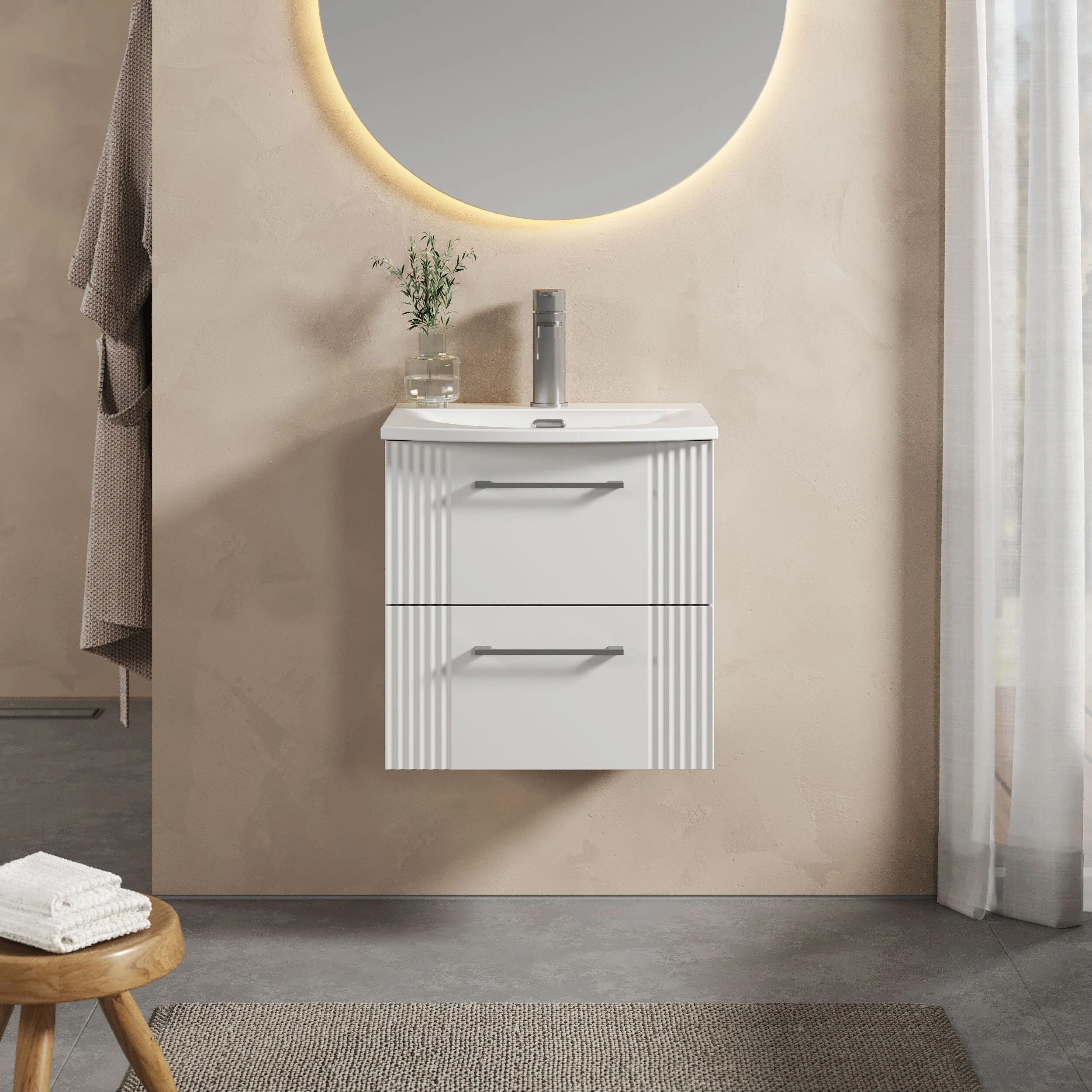 Belvide Retro Partial Fluted 2 Drawer Wall Hung Vanity Basin Unit with Curved Basin, Choice of Size and Colour - Image 2