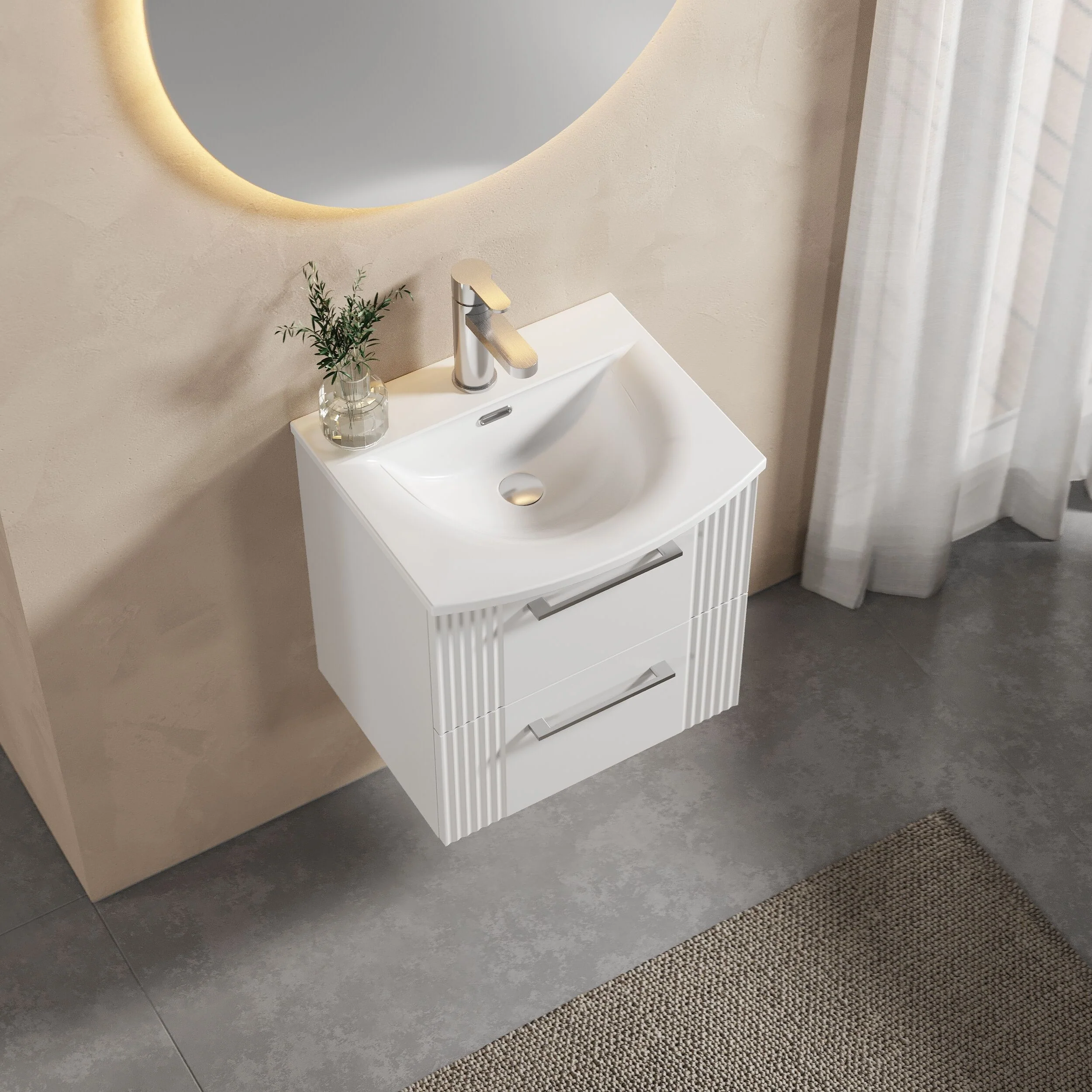 Belvide Retro Partial Fluted 2 Drawer Wall Hung Vanity Basin Unit with Curved Basin, Choice of Size and Colour - Image 3
