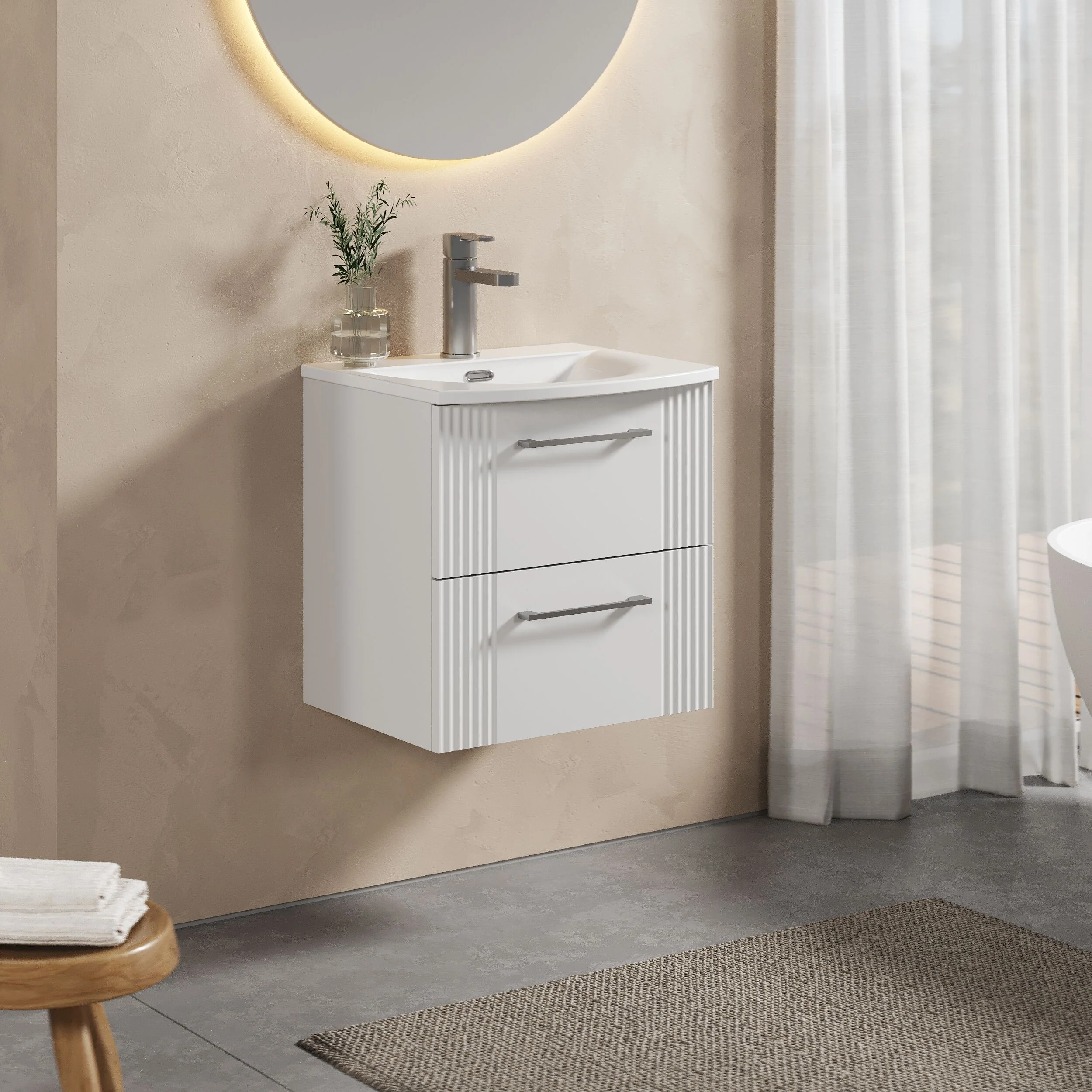 Belvide Retro Partial Fluted 2 Drawer Wall Hung Vanity Basin Unit with Curved Basin, Choice of Size and Colour - Image 4
