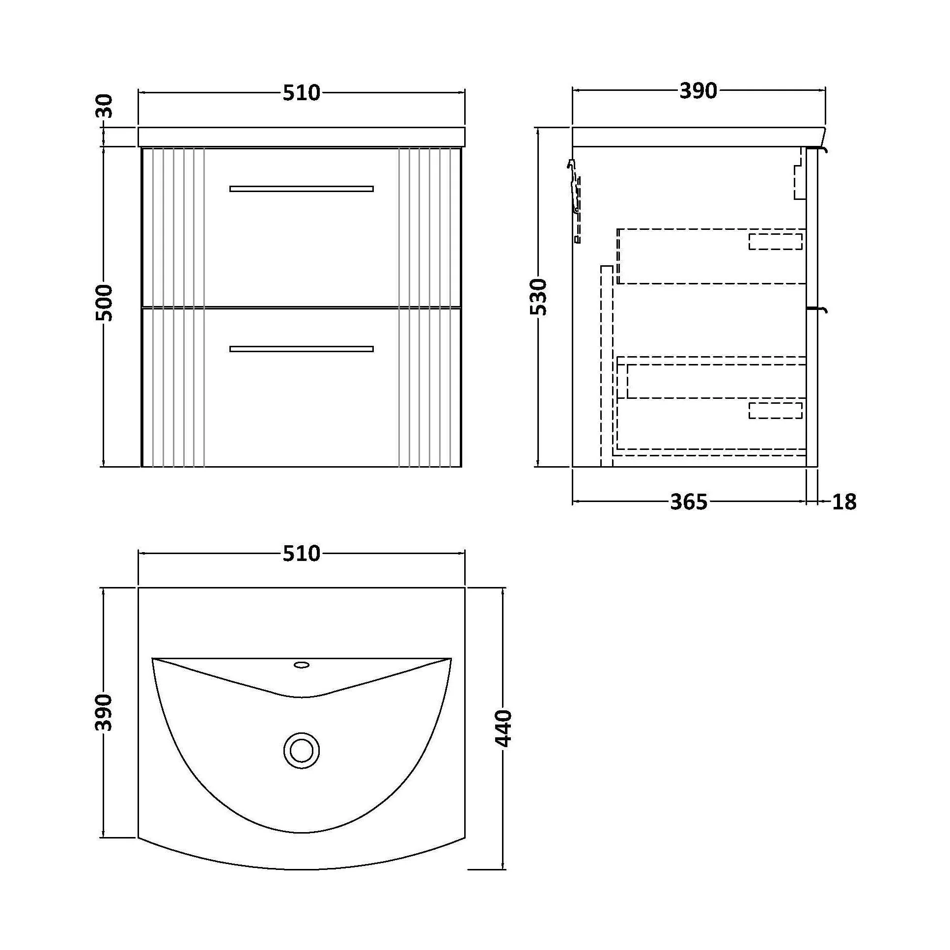 Belvide Retro Partial Fluted 2 Drawer Wall Hung Vanity Basin Unit with Curved Basin, Choice of Size and Colour - Image 5