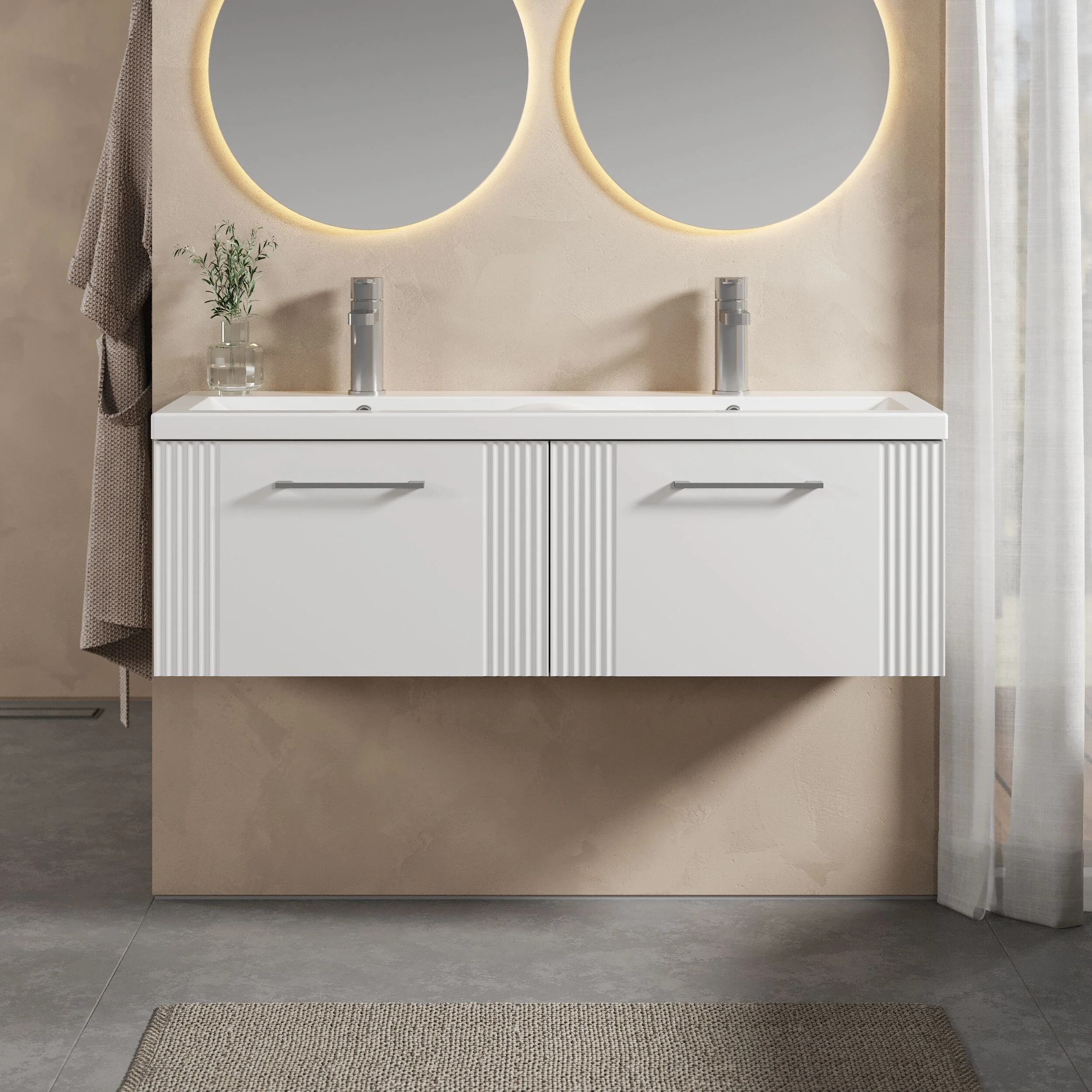 Belvide Retro Partial Fluted 2 Drawer Wall Hung Vanity Basin Unit with Double Ceramic Basin, Choice of Colour - Image 2