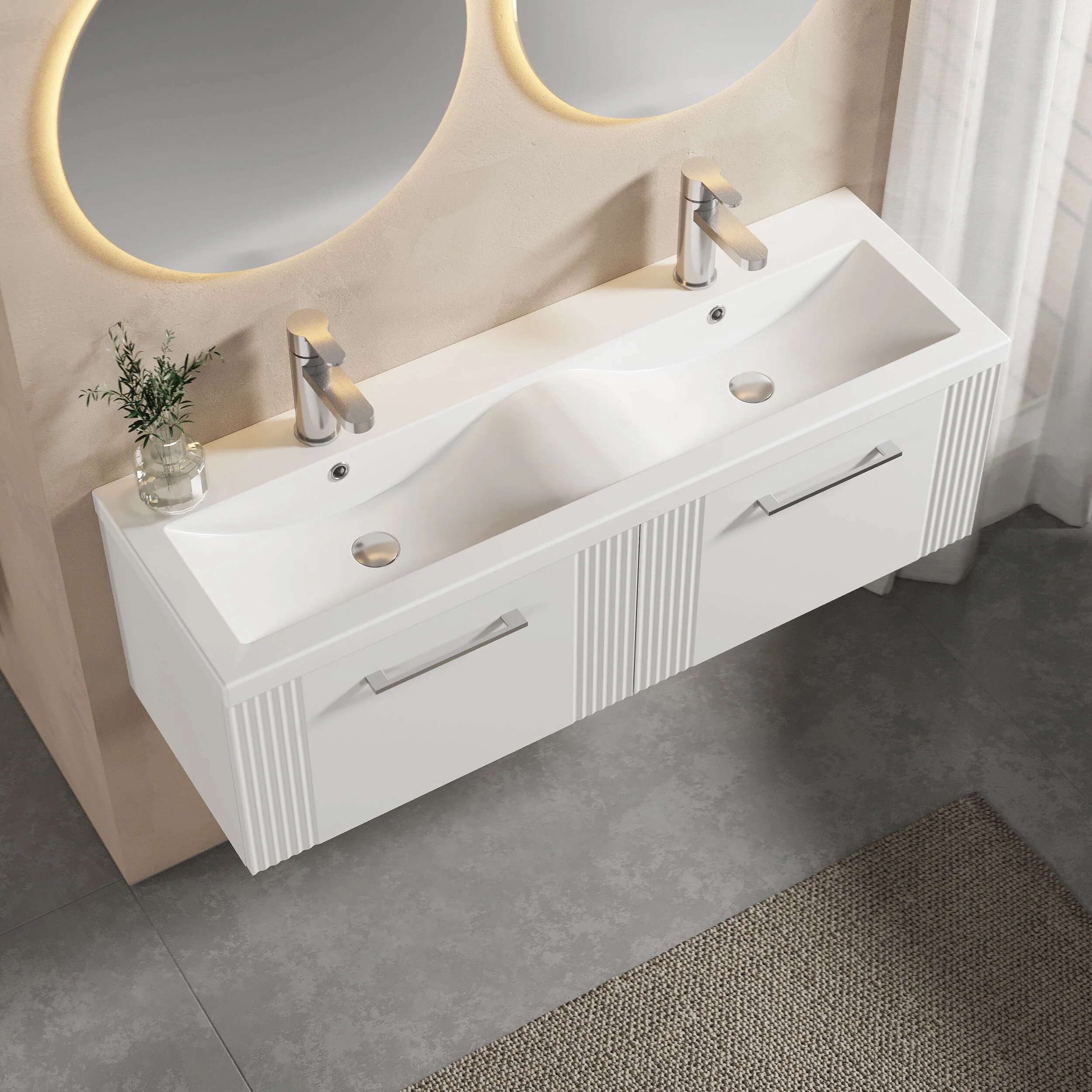 Belvide Retro Partial Fluted 2 Drawer Wall Hung Vanity Basin Unit with Double Ceramic Basin, Choice of Colour - Image 3