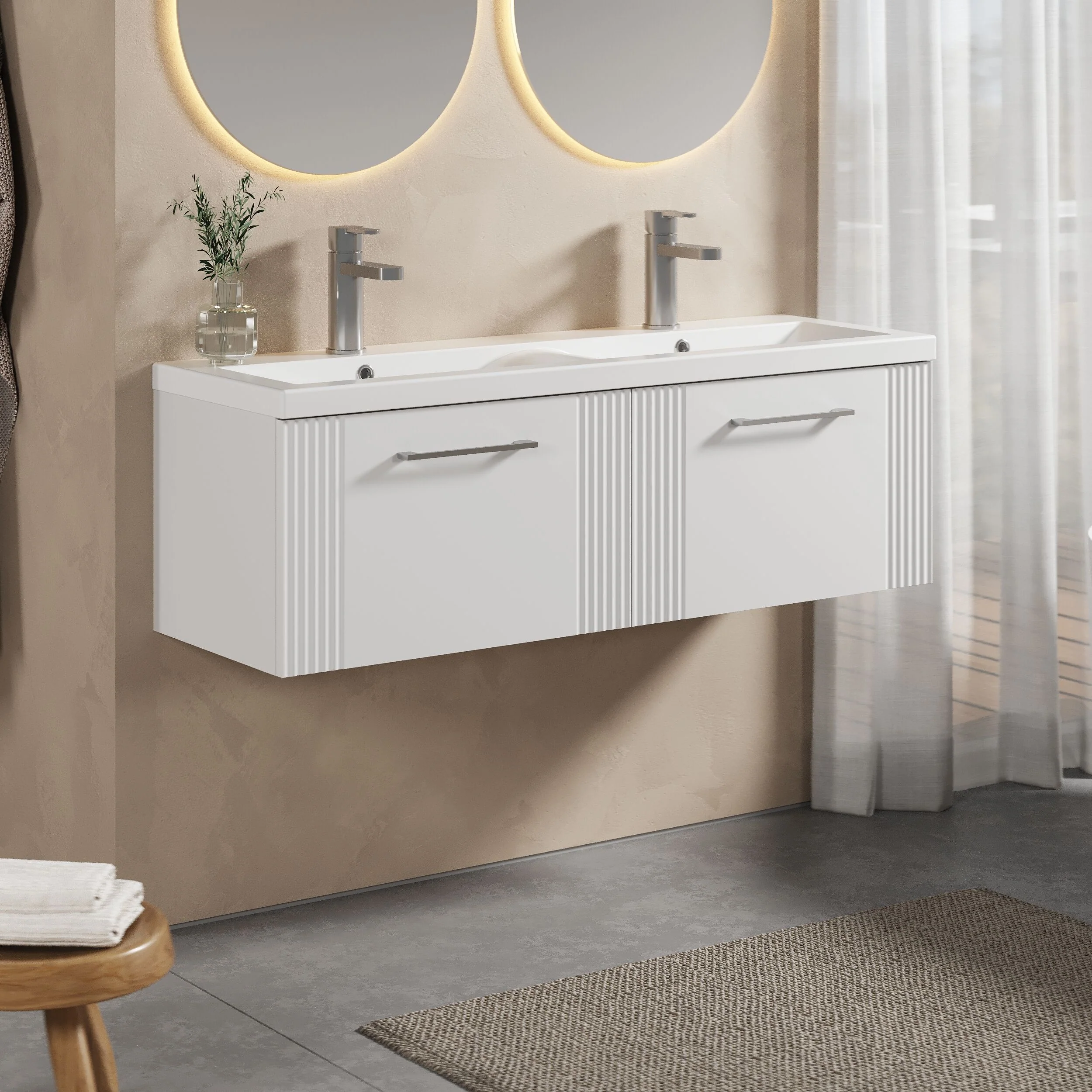 Belvide Retro Partial Fluted 2 Drawer Wall Hung Vanity Basin Unit with Double Ceramic Basin, Choice of Colour - Image 4