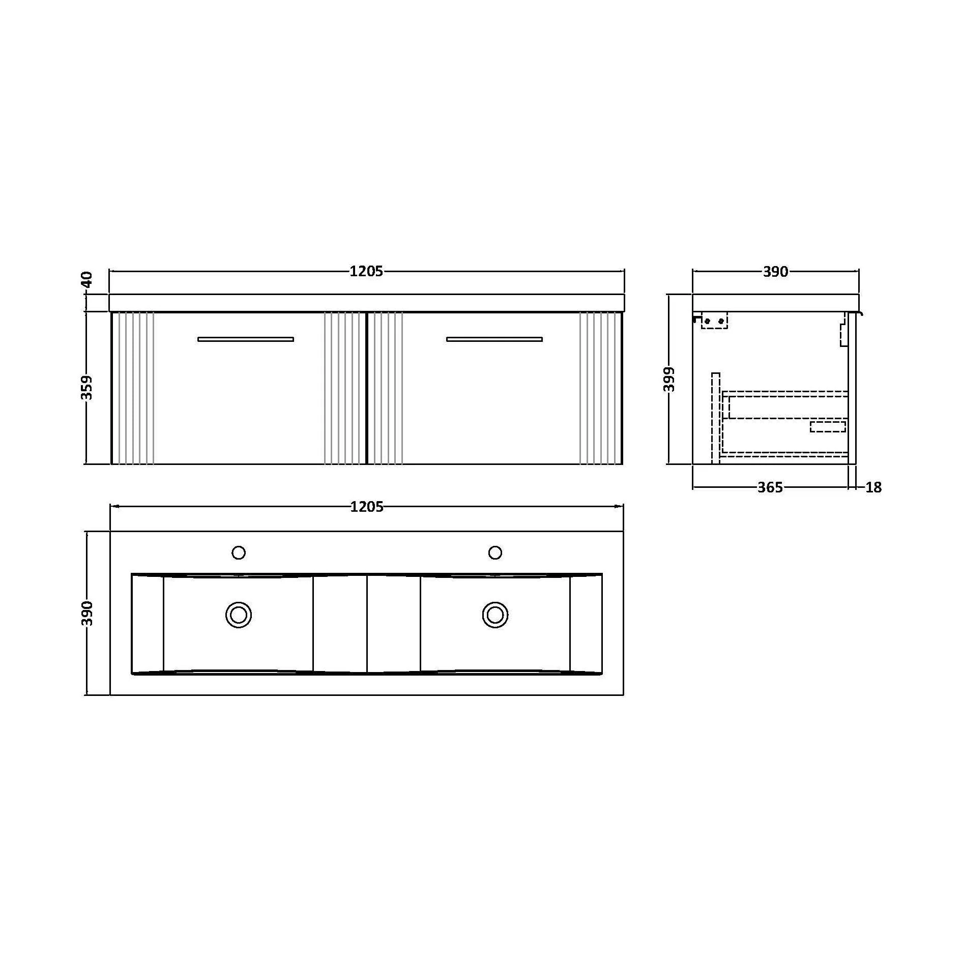 Belvide Retro Partial Fluted 2 Drawer Wall Hung Vanity Basin Unit with Double Ceramic Basin, Choice of Colour - Image 5