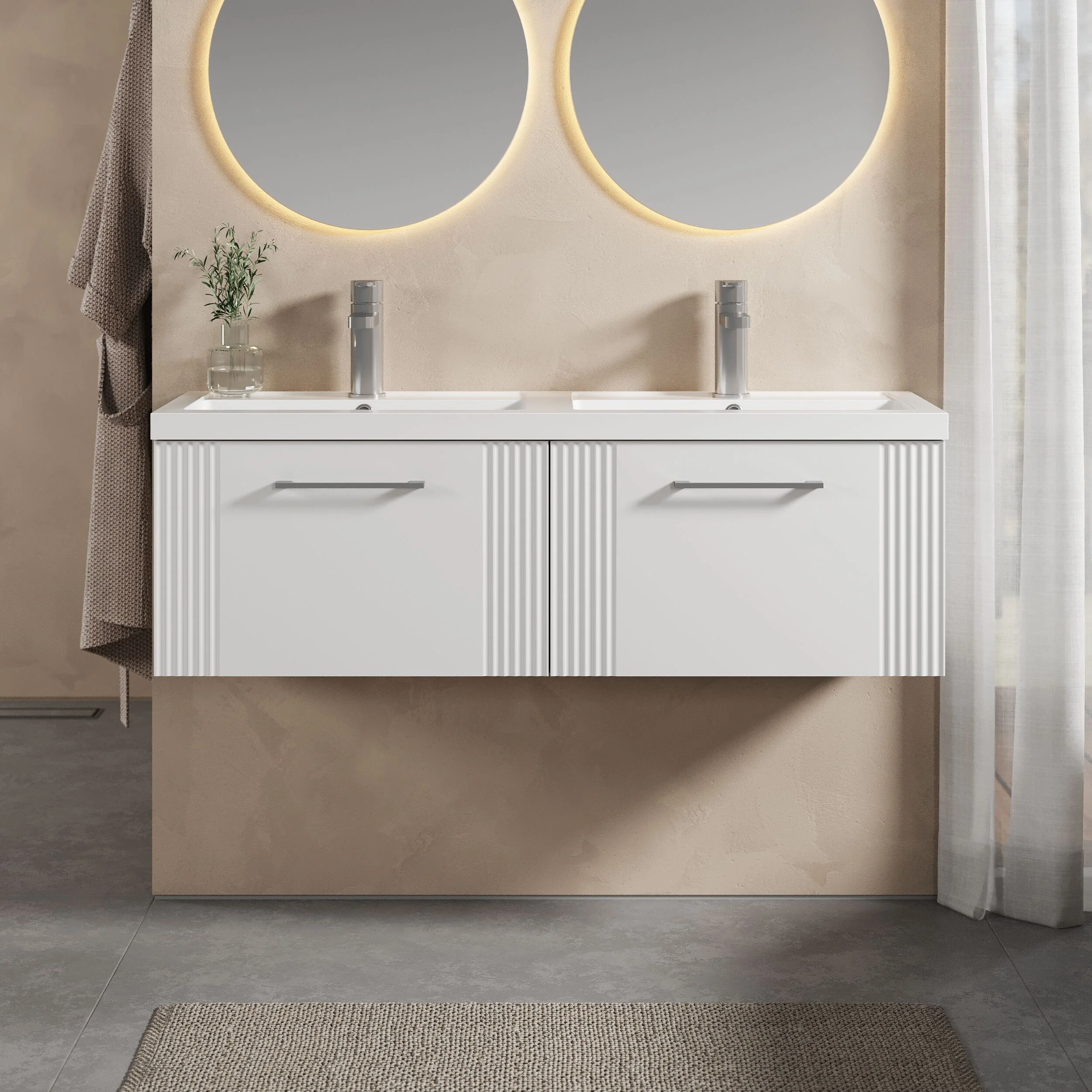 Belvide Retro Partial Fluted 2 Drawer Wall Hung Vanity Basin Unit with Double Polymarble Basin, Choice of Colour - Image 2
