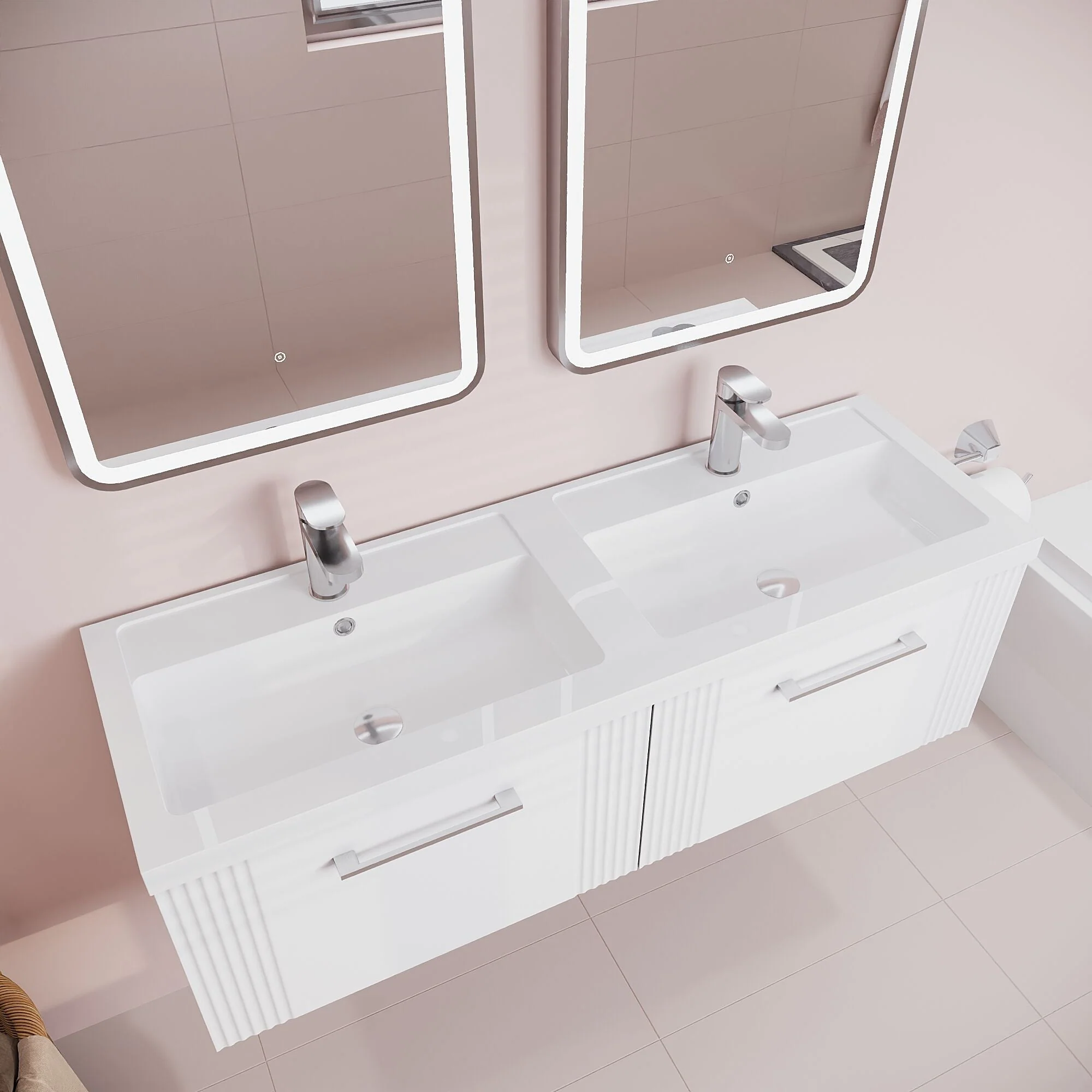 Belvide Retro Partial Fluted 2 Drawer Wall Hung Vanity Basin Unit with Double Polymarble Basin, Choice of Colour - Image 3