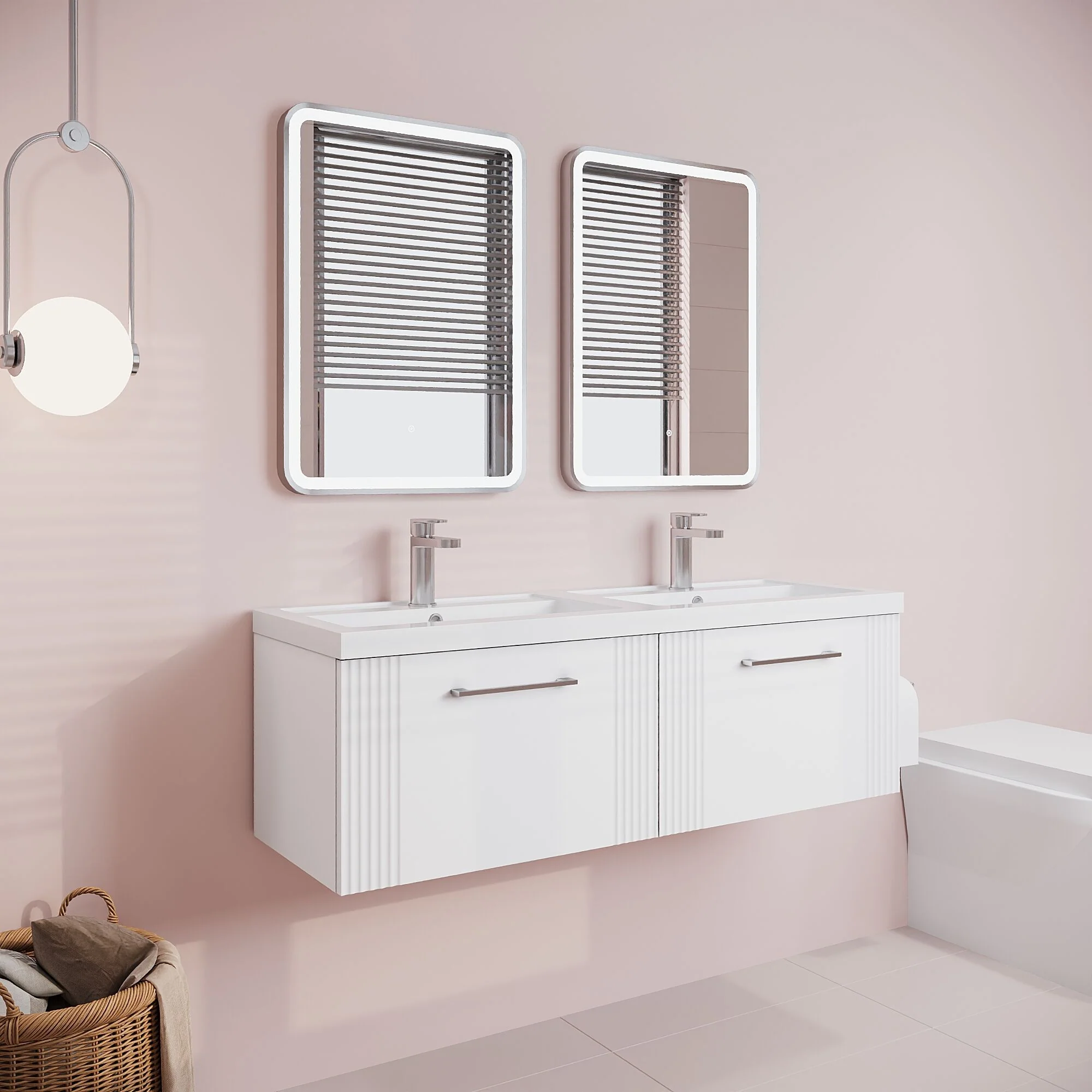 Belvide Retro Partial Fluted 2 Drawer Wall Hung Vanity Basin Unit with Double Polymarble Basin, Choice of Colour - Image 4