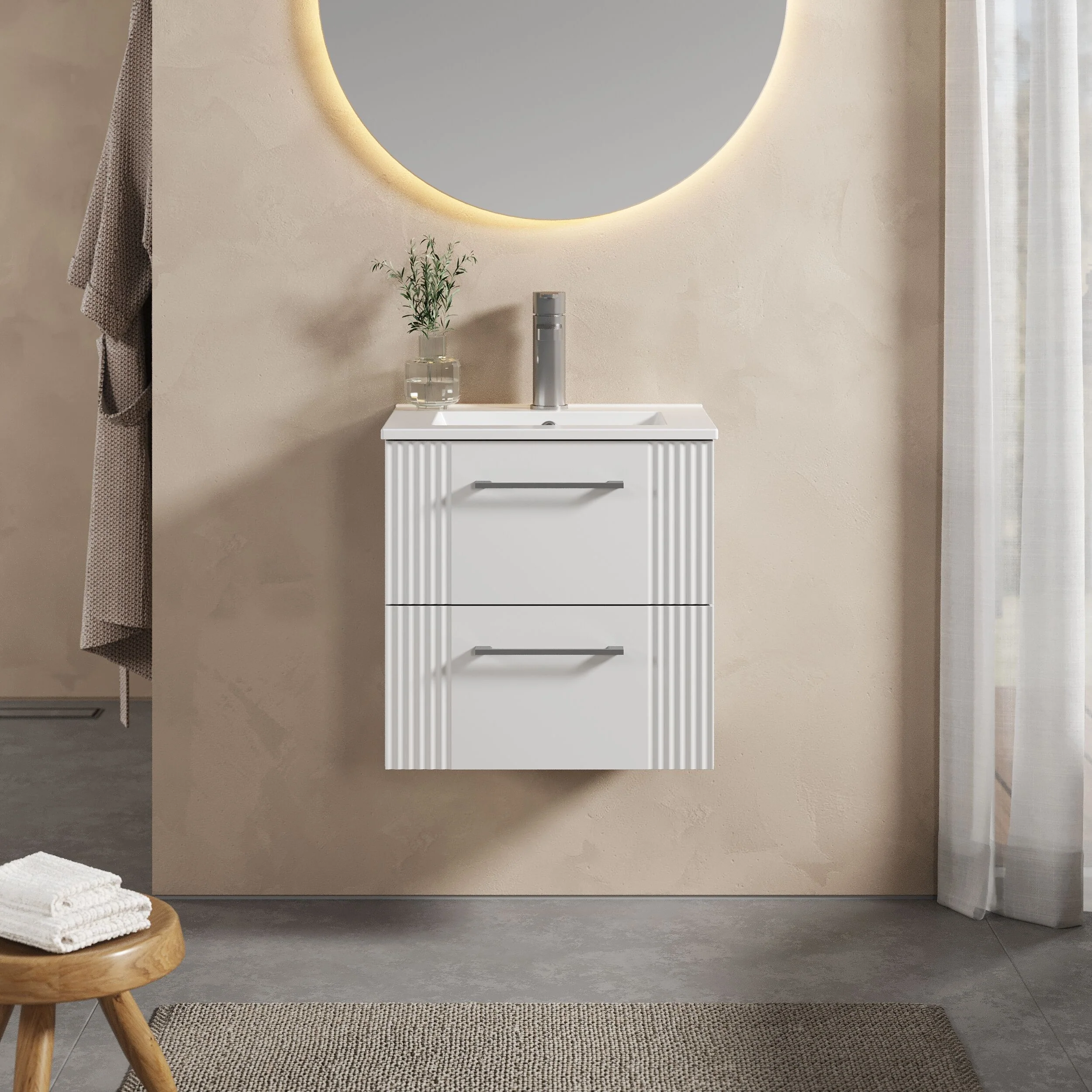 Belvide Retro Partial Fluted 2 Drawer Wall Hung Vanity Basin Unit with Minimalist Basin, Choice of Size and Colour - Image 2