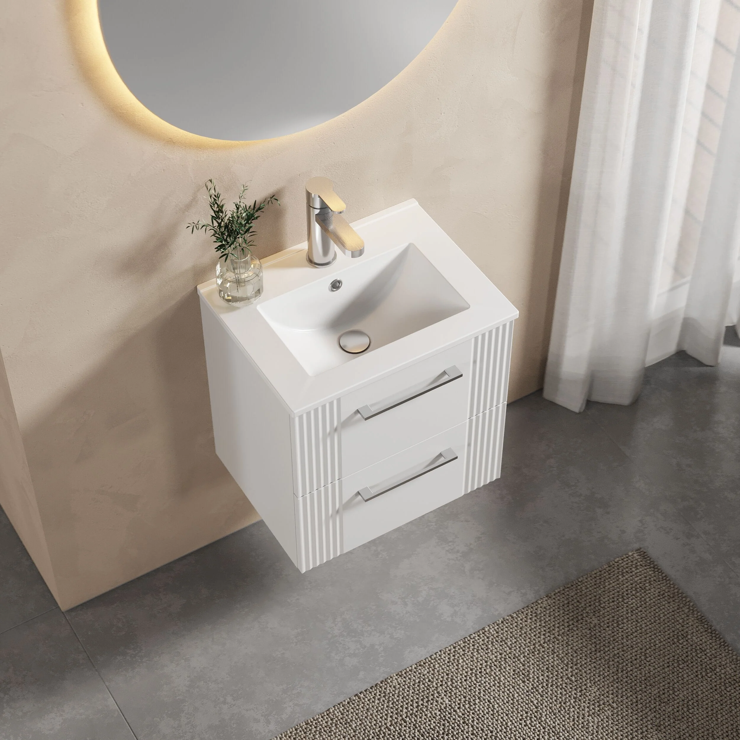 Belvide Retro Partial Fluted 2 Drawer Wall Hung Vanity Basin Unit with Minimalist Basin, Choice of Size and Colour - Image 3