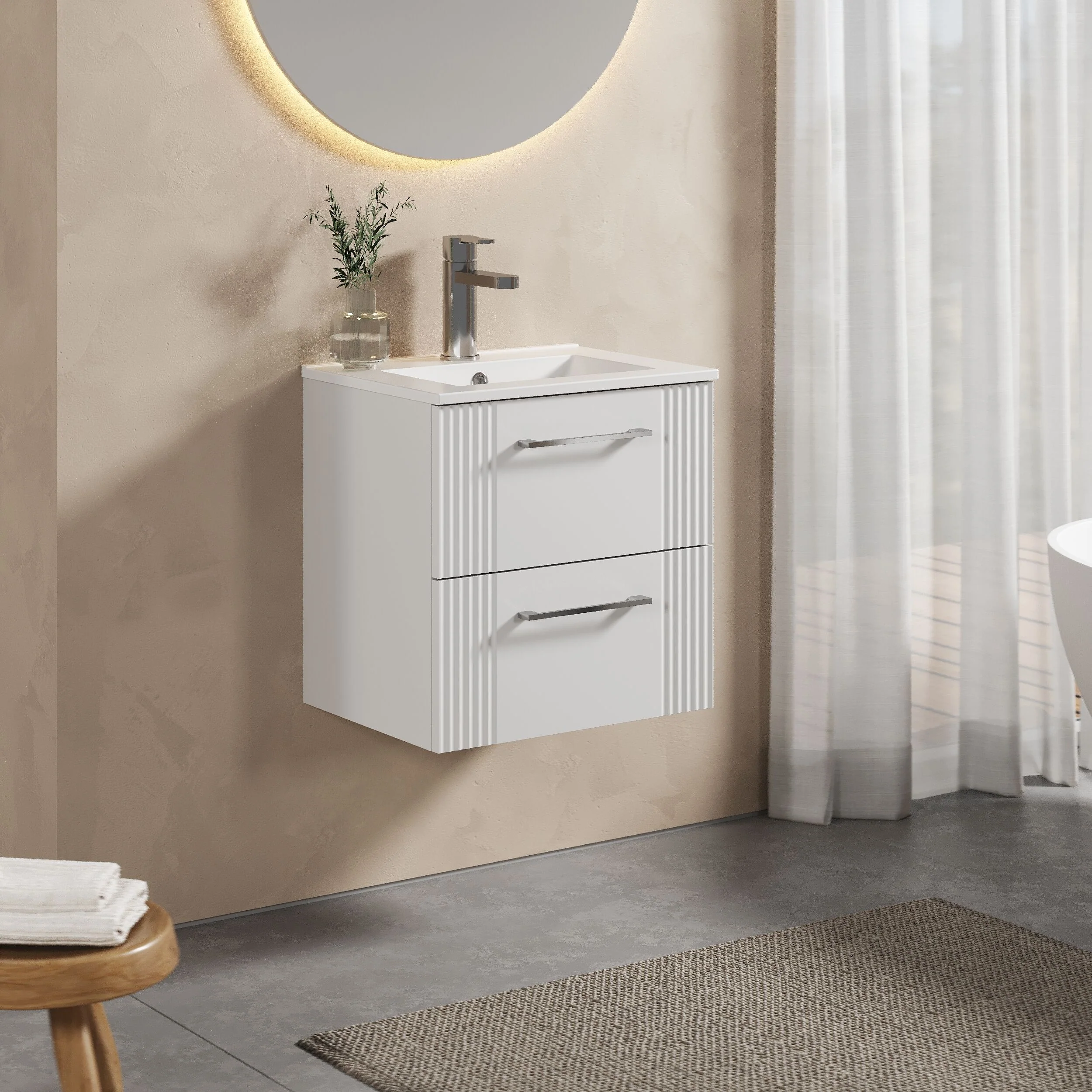 Belvide Retro Partial Fluted 2 Drawer Wall Hung Vanity Basin Unit with Minimalist Basin, Choice of Size and Colour - Image 4