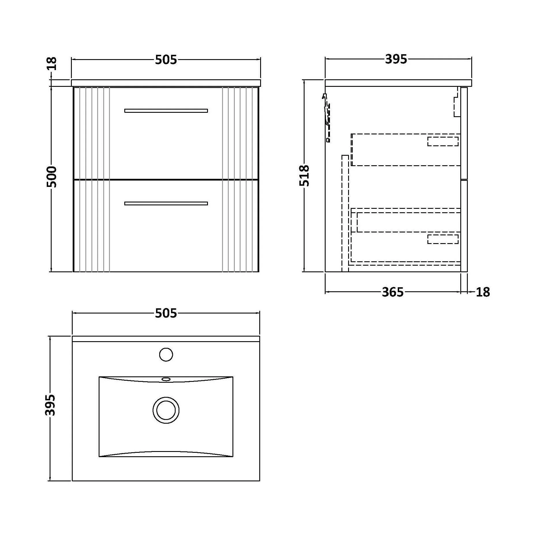 Belvide Retro Partial Fluted 2 Drawer Wall Hung Vanity Basin Unit with Minimalist Basin, Choice of Size and Colour - Image 5