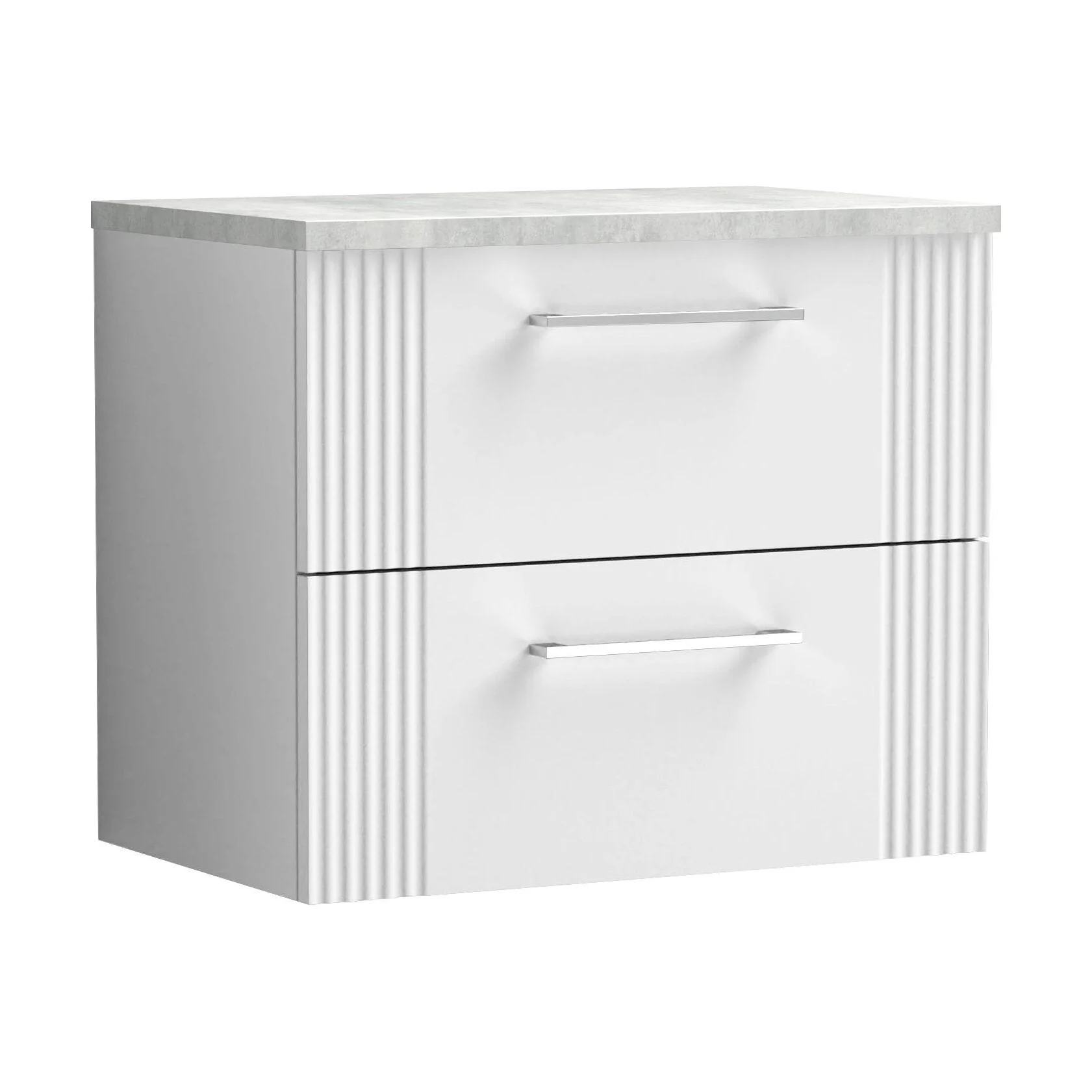 Belvide Retro Partial Fluted 2 Drawer Wall Hung Vanity Unit with Bellato Grey Laminate Worktop, Choice of Size and Colour