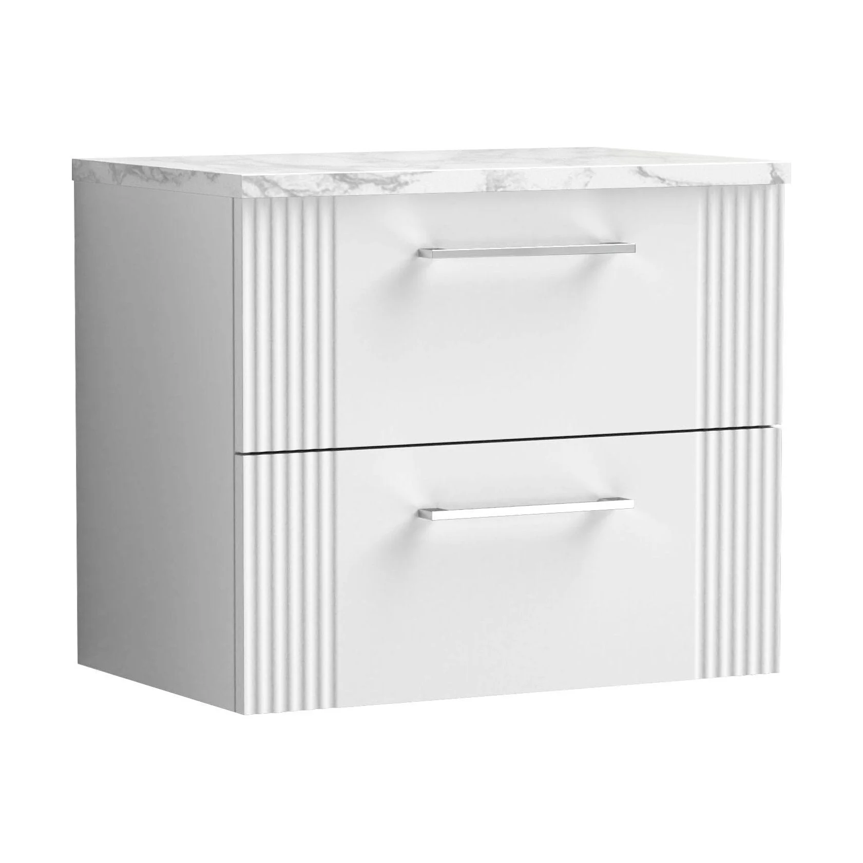 Belvide Retro Partial Fluted 2 Drawer Wall Hung Vanity Unit with Carrera Marble Laminate Worktop, Choice of Size and Colour