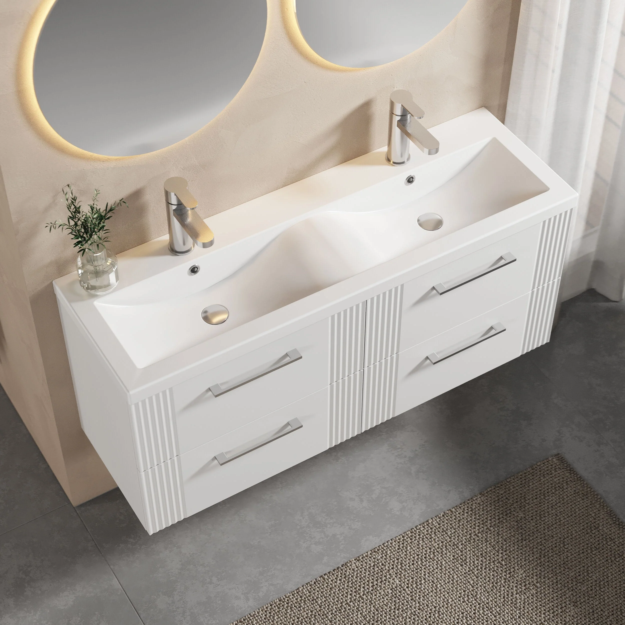 Belvide Retro Partial Fluted 4 Drawer Wall Hung Vanity Basin Unit with Double Ceramic Basin, Choice of Colour - Image 3