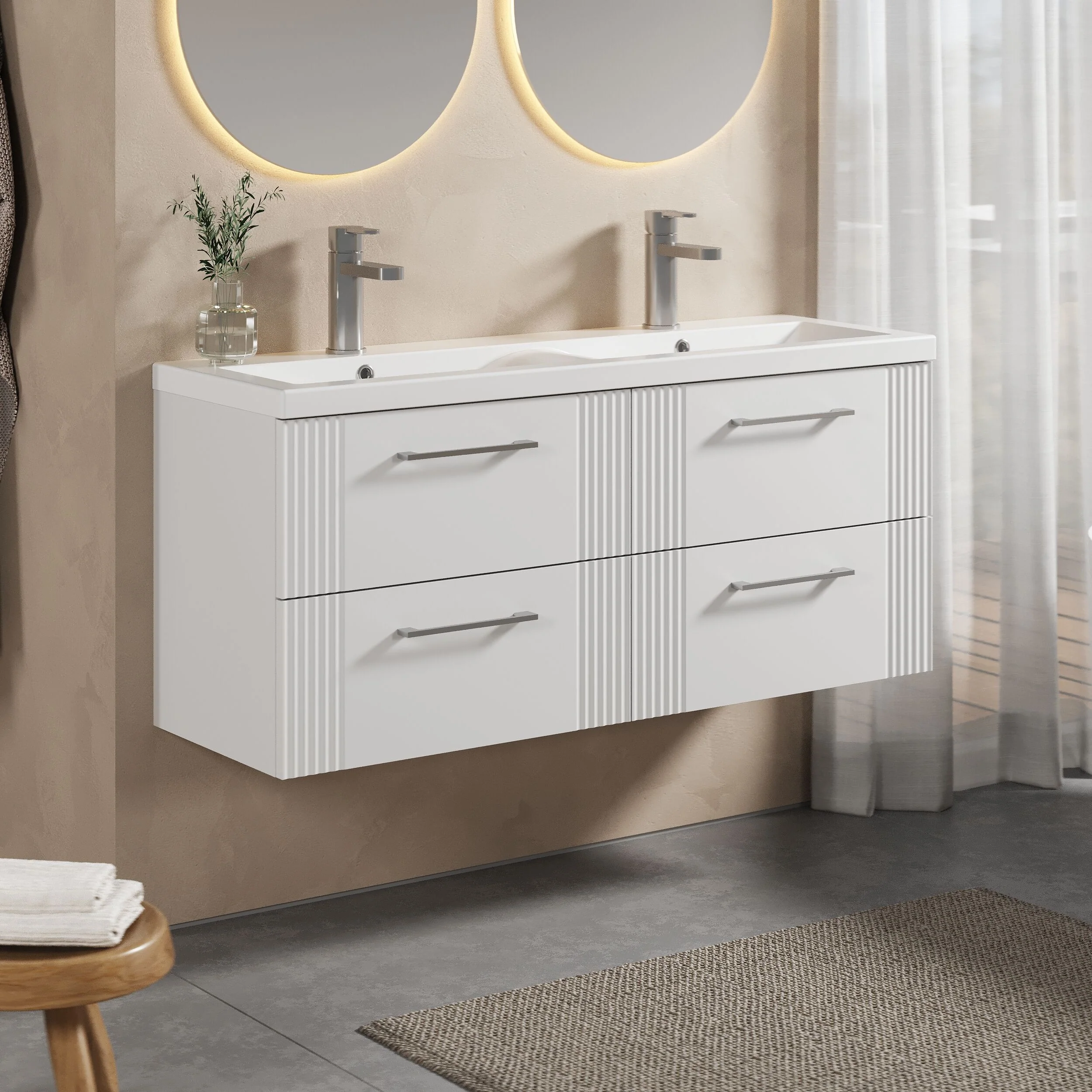 Belvide Retro Partial Fluted 4 Drawer Wall Hung Vanity Basin Unit with Double Ceramic Basin, Choice of Colour - Image 4