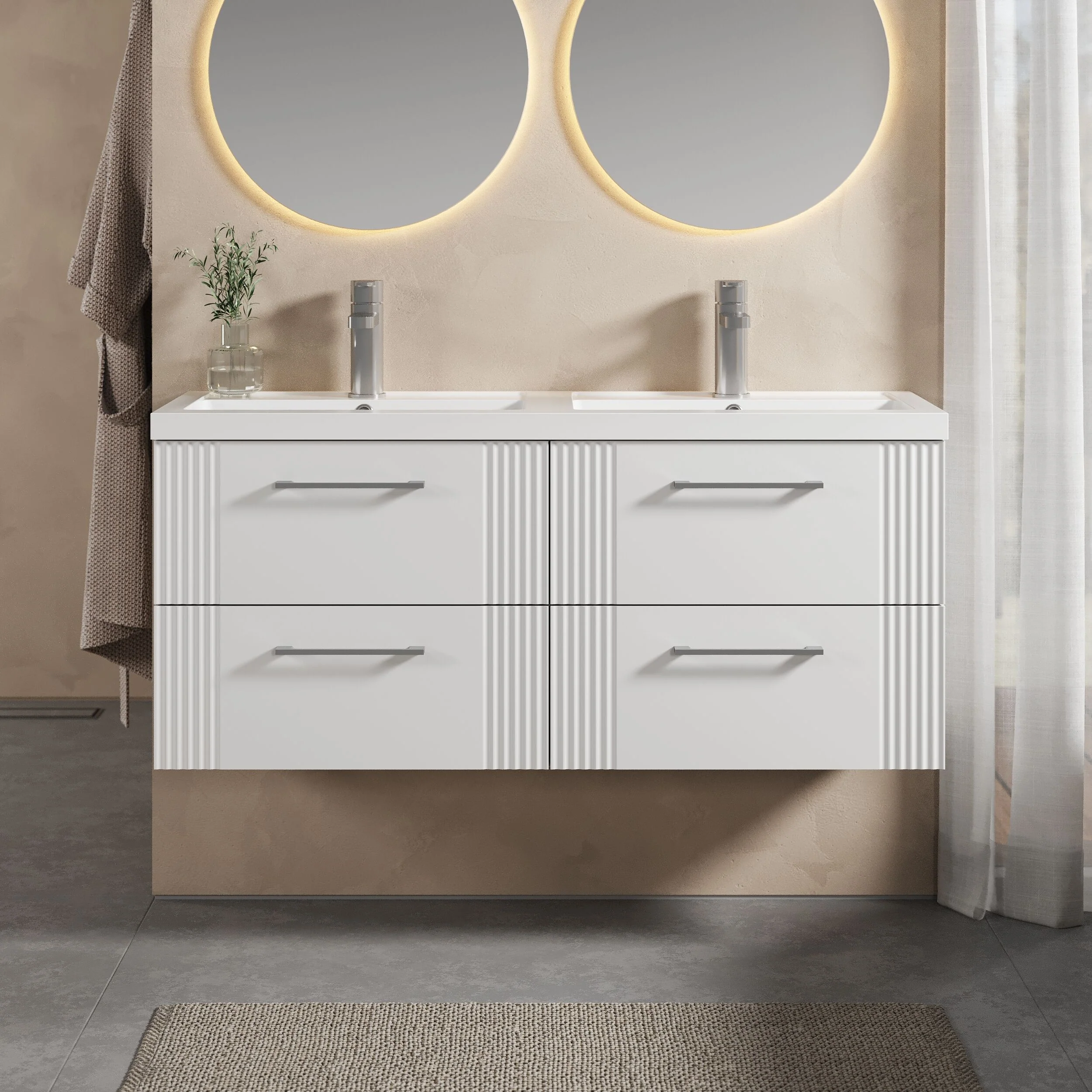 Belvide Retro Partial Fluted 4 Drawer Wall Hung Vanity Basin Unit with Double Polymarble Basin, Choice of Colour - Image 2