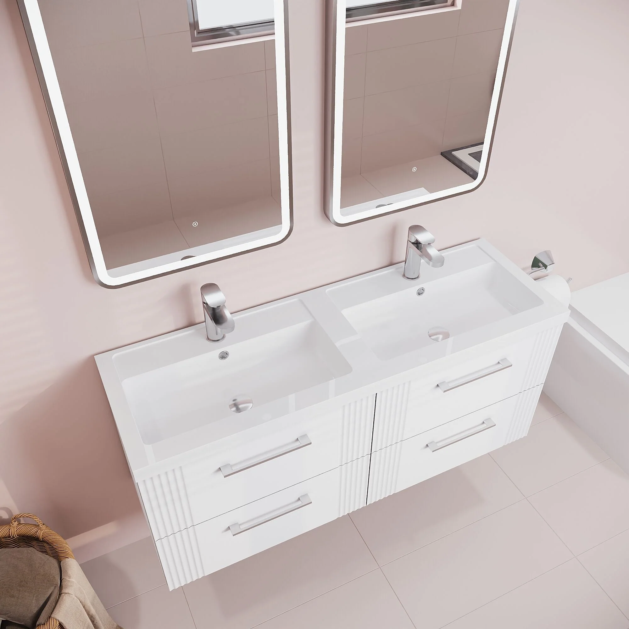 Belvide Retro Partial Fluted 4 Drawer Wall Hung Vanity Basin Unit with Double Polymarble Basin, Choice of Colour - Image 3