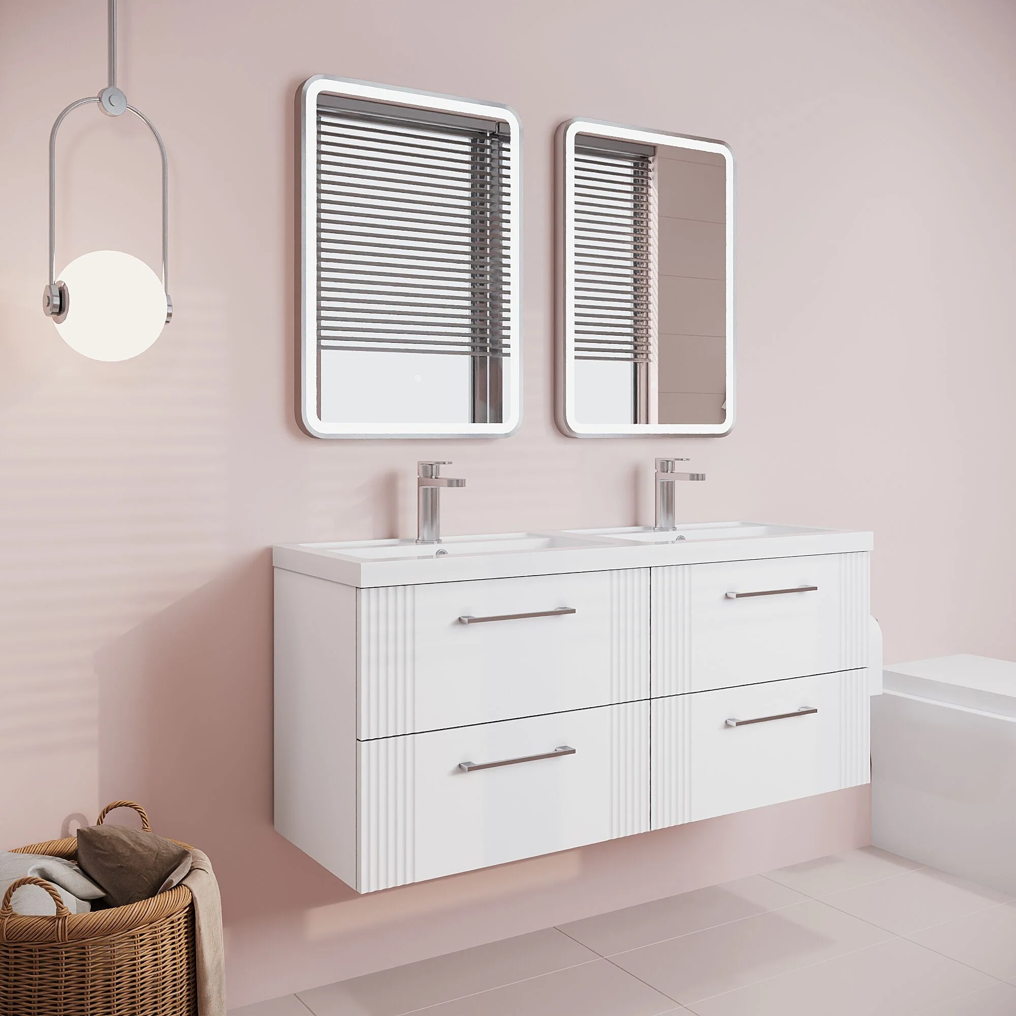 Belvide Retro Partial Fluted 4 Drawer Wall Hung Vanity Basin Unit with Double Polymarble Basin, Choice of Colour - Image 4