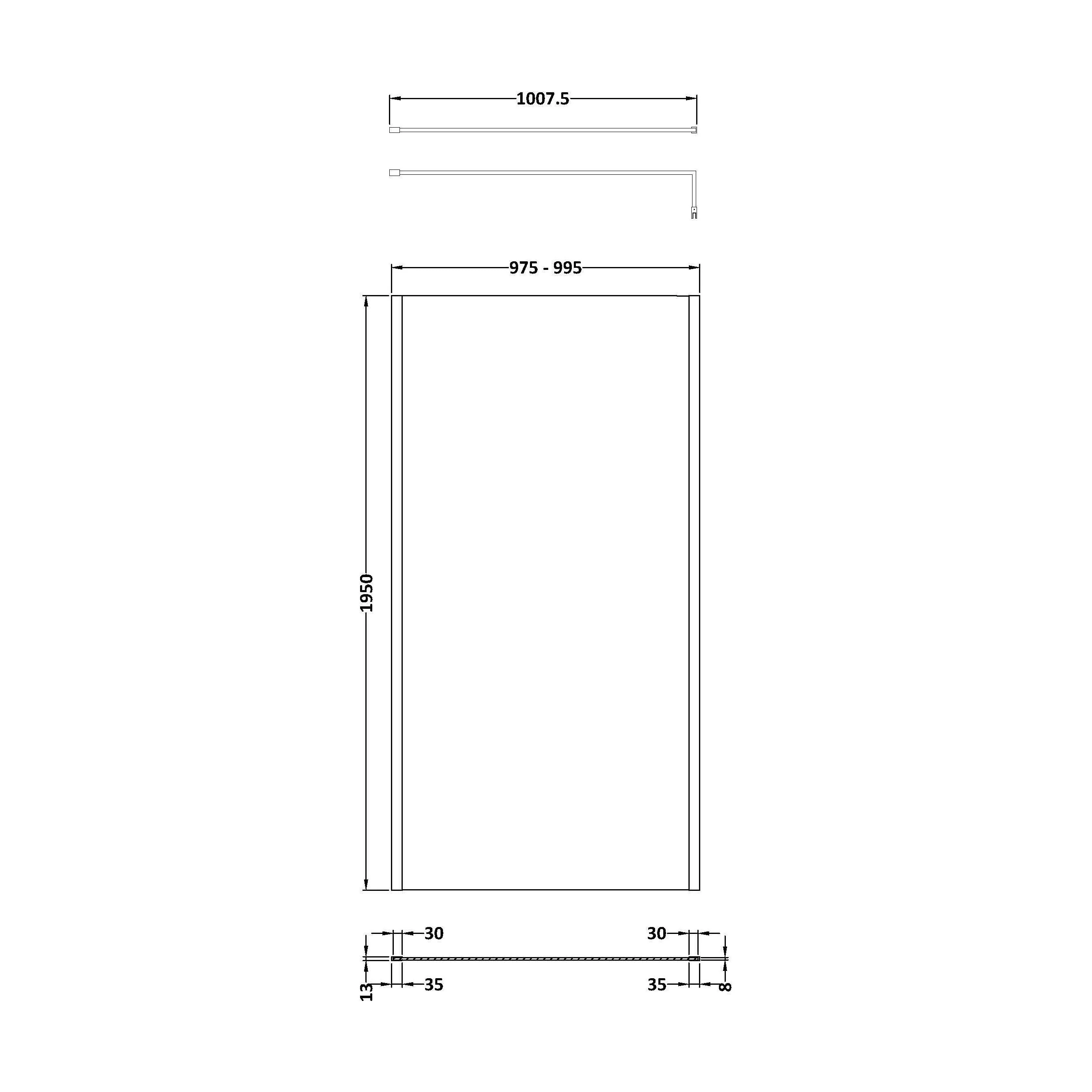 Balterley Contemporary Bathroom 8mm Glass Outer Framed Wetroom Screen with Support Bar, Matt Black, 1950 x 1000 x 14mm - Image 2