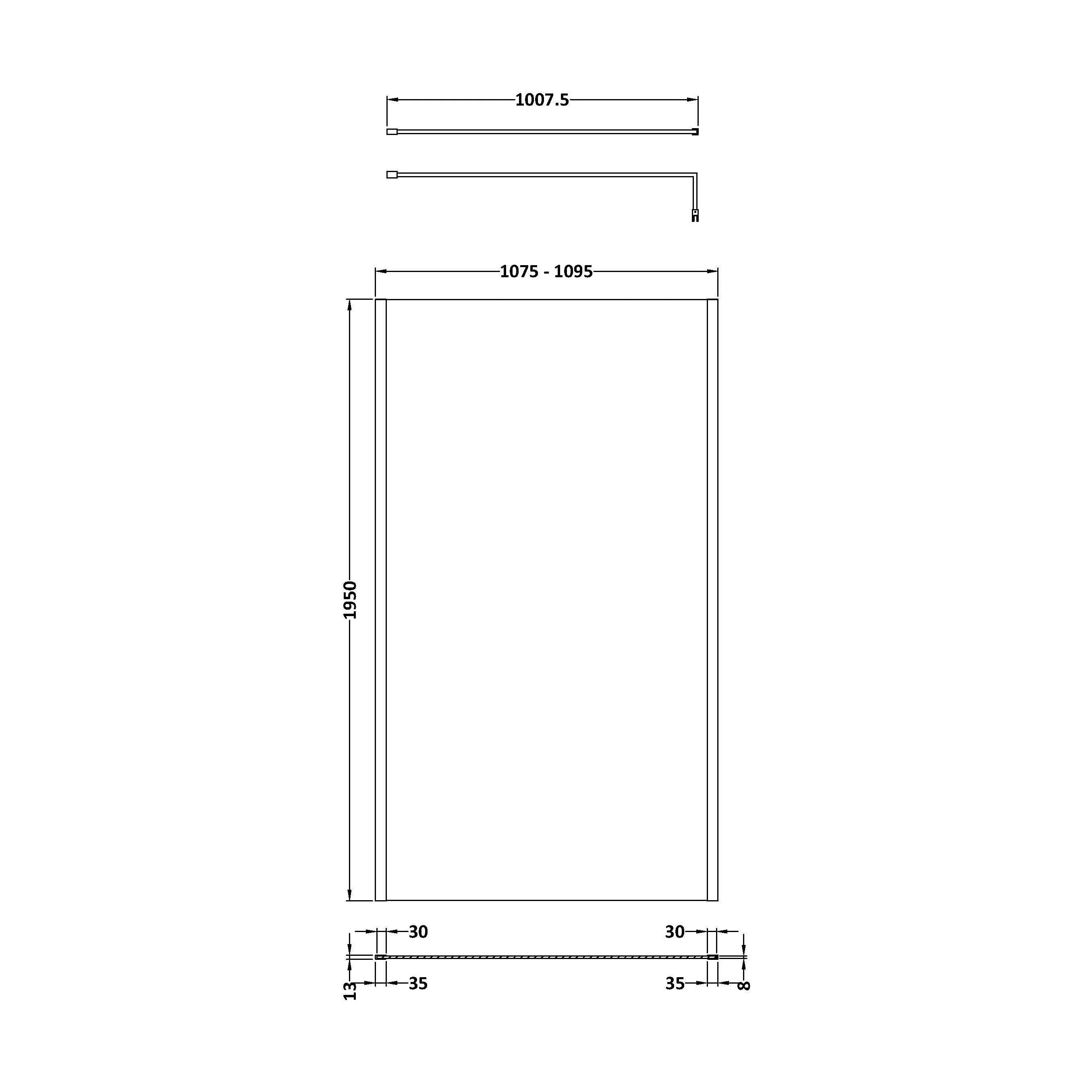 Balterley Contemporary Bathroom 8mm Glass Outer Framed Wetroom Screen with Support Bar, Matt Black, 1950 x 1100 x 14mm - Image 2