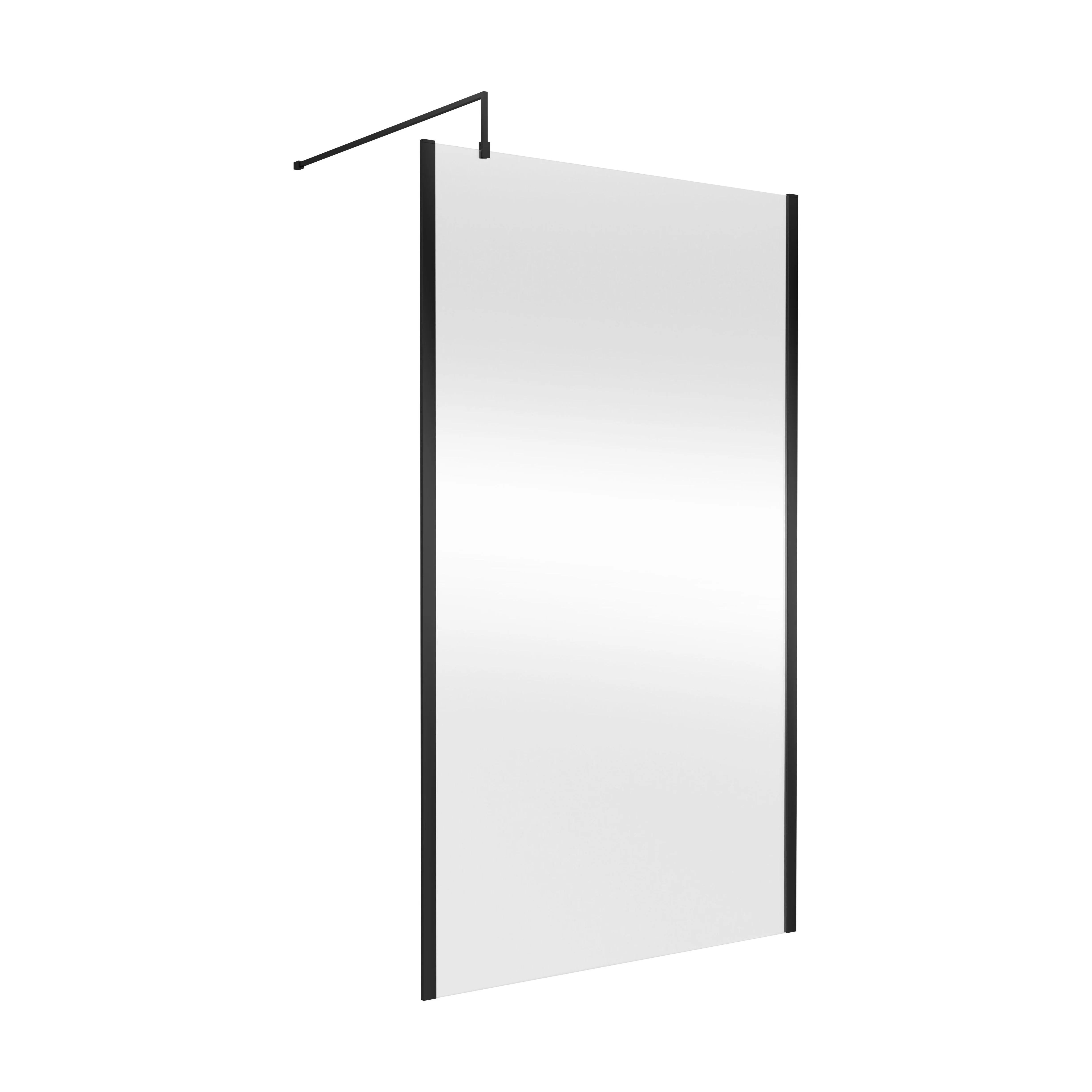 Balterley Contemporary Bathroom 8mm Glass Outer Framed Wetroom Screen with Support Bar, Matt Black, 1950 x 1200 x 14mm