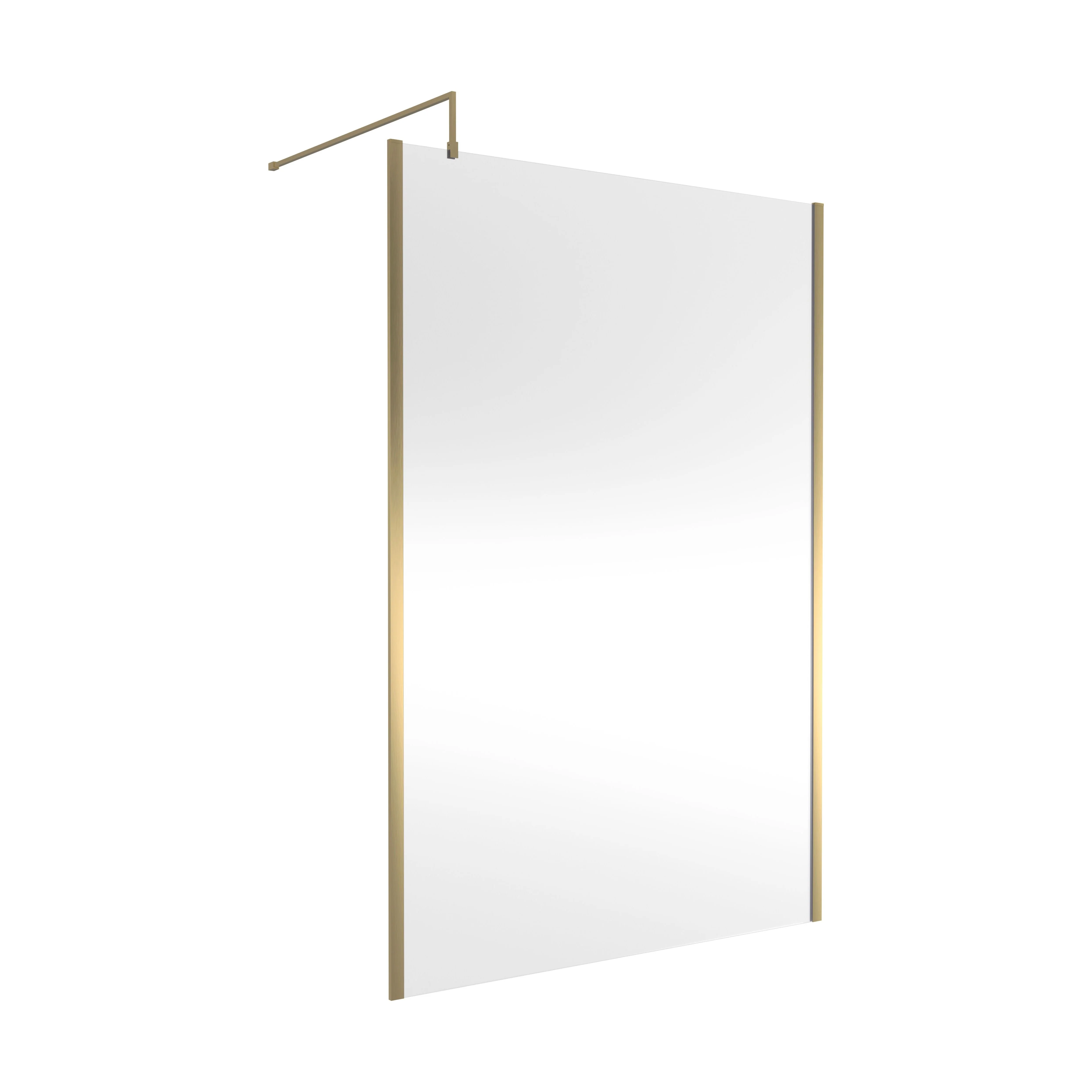 Balterley Contemporary Bathroom 8mm Glass Outer Framed Wetroom Screen with Support Bar, Brushed Brass, 1950 x 1400 x 14mm
