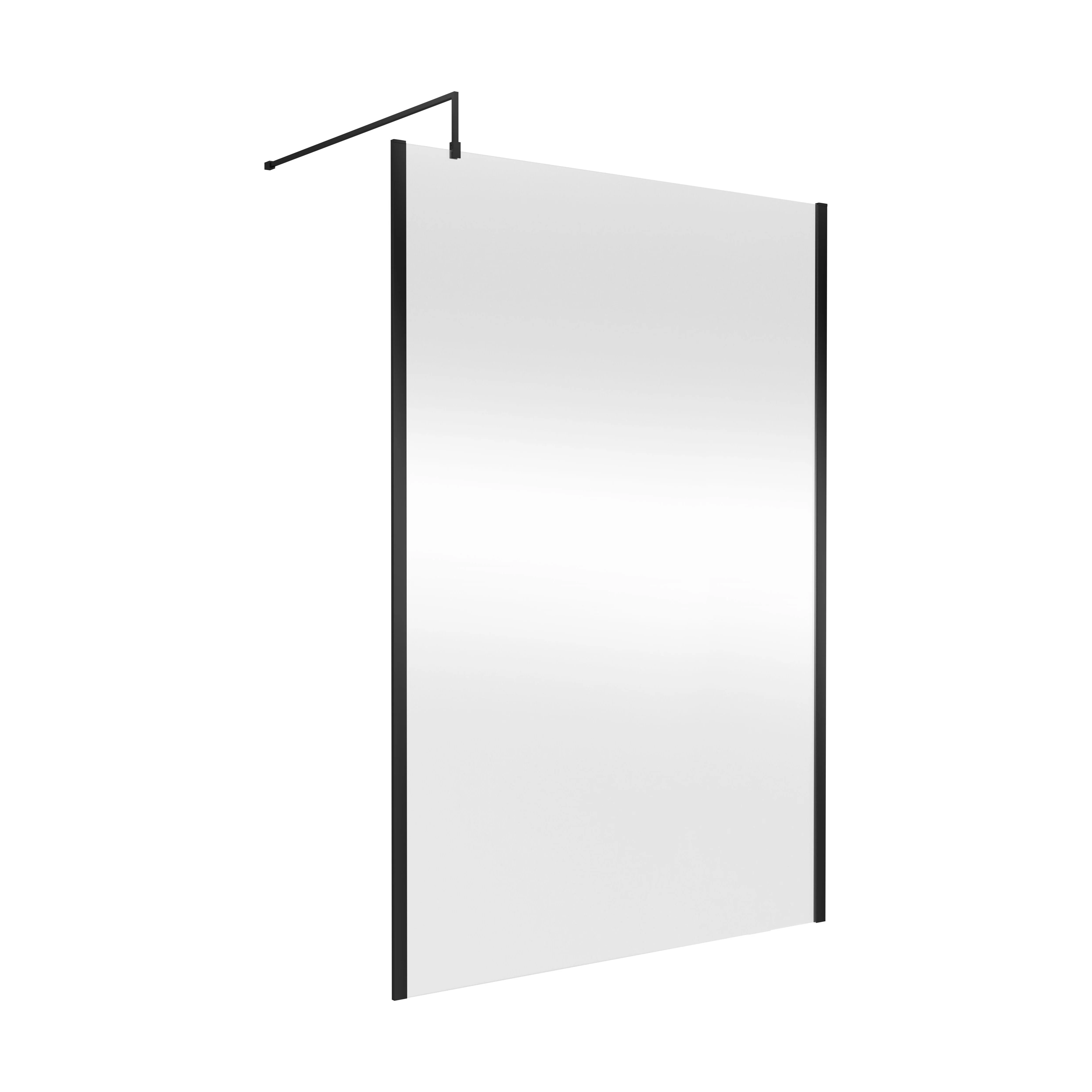 Balterley Contemporary Bathroom 8mm Glass Outer Framed Wetroom Screen with Support Bar, Matt Black, 1950 x 1400 x 14mm