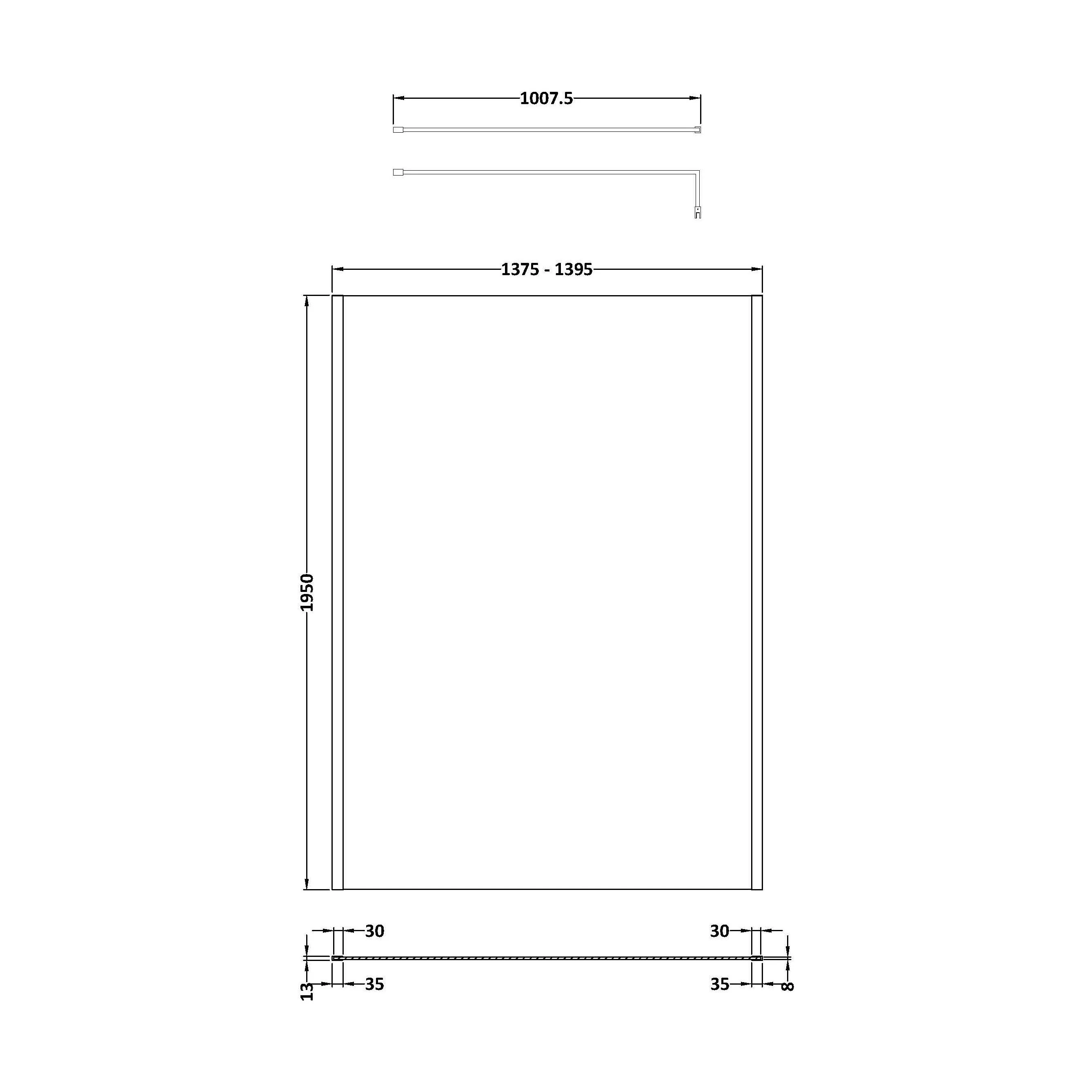 Balterley Contemporary Bathroom 8mm Glass Outer Framed Wetroom Screen with Support Bar, Matt Black, 1950 x 1400 x 14mm - Image 2