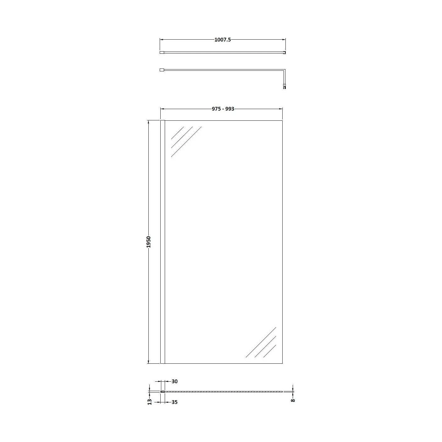 Balterley Contemporary Bathroom Wall 8mm Glass Wetroom Screen with Support Bar, Brushed Brass, 1950 x 1000 x 14mm - Image 2