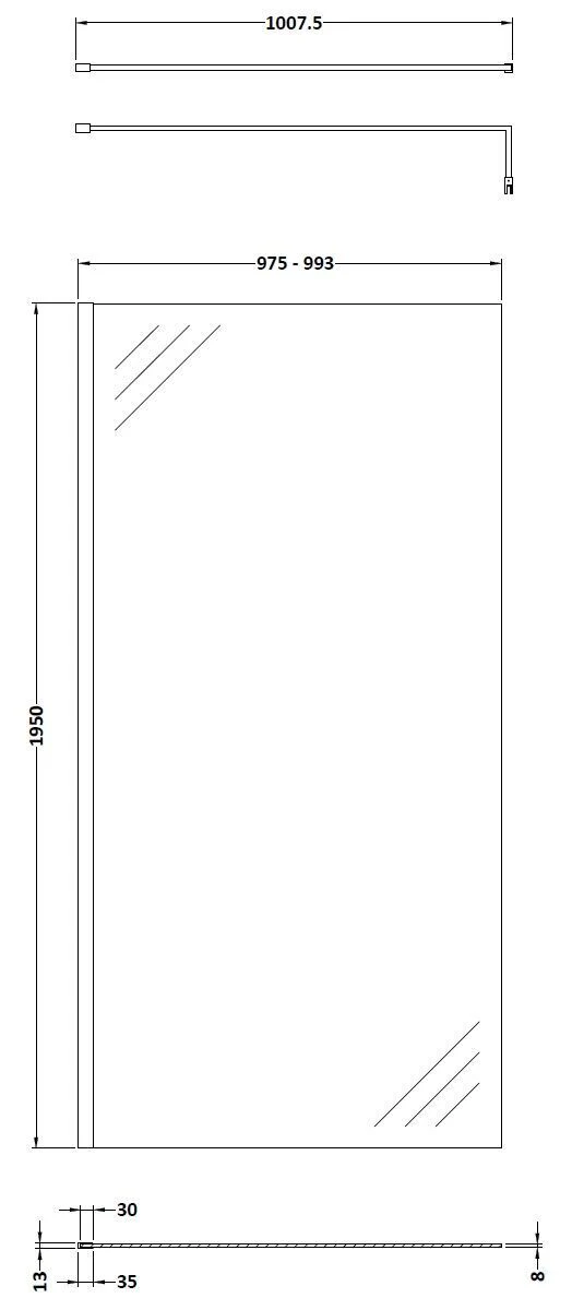 Balterley Contemporary Bathroom 8mm Glass Wetroom Screen with Support Bar, Chrome, 1950 x 998 x 14mm - Image 2