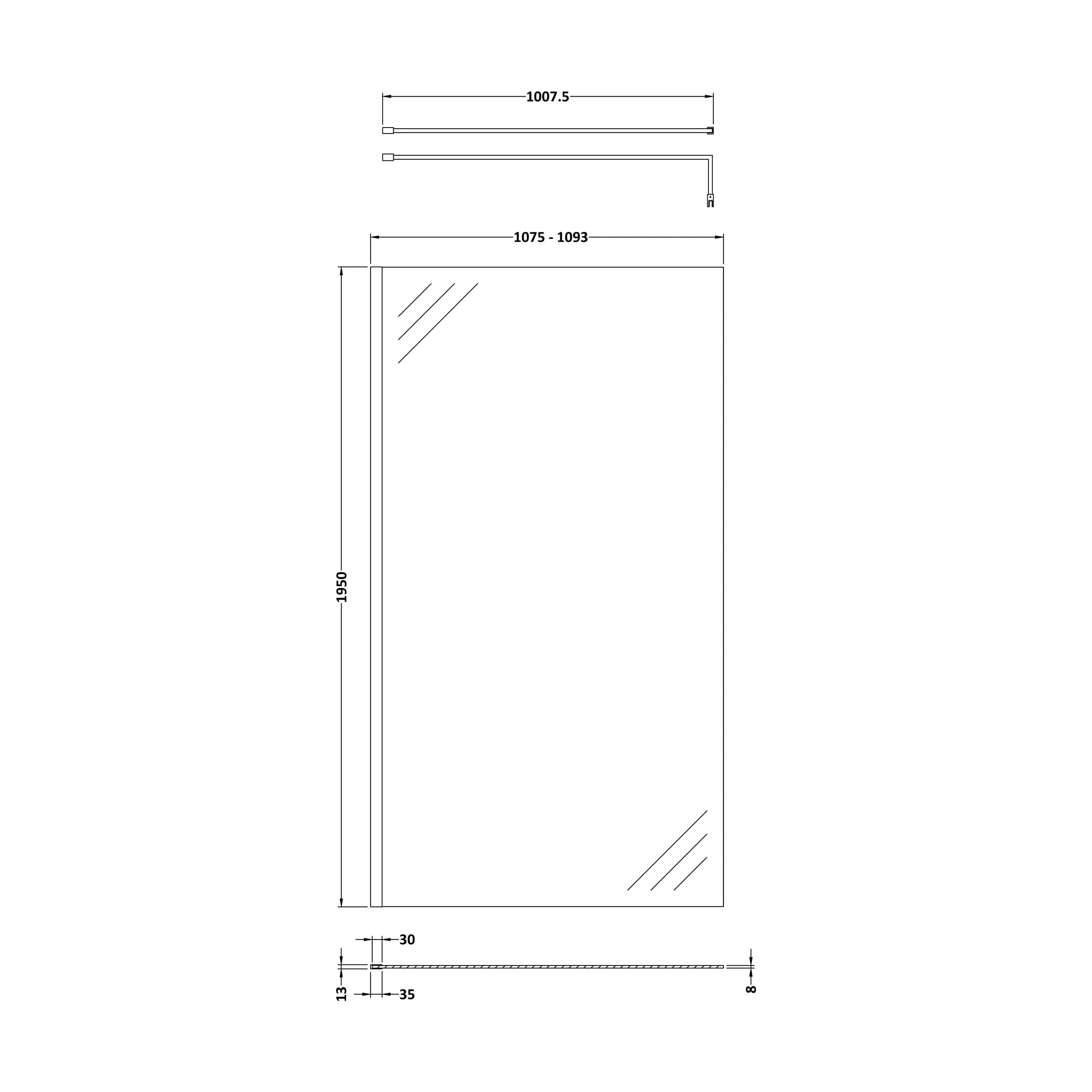 Balterley Contemporary Bathroom 8mm Glass Profile Wetroom Screen with Support Bar, Brushed Brass, 1950 x 1100 x 14mm - Image 2