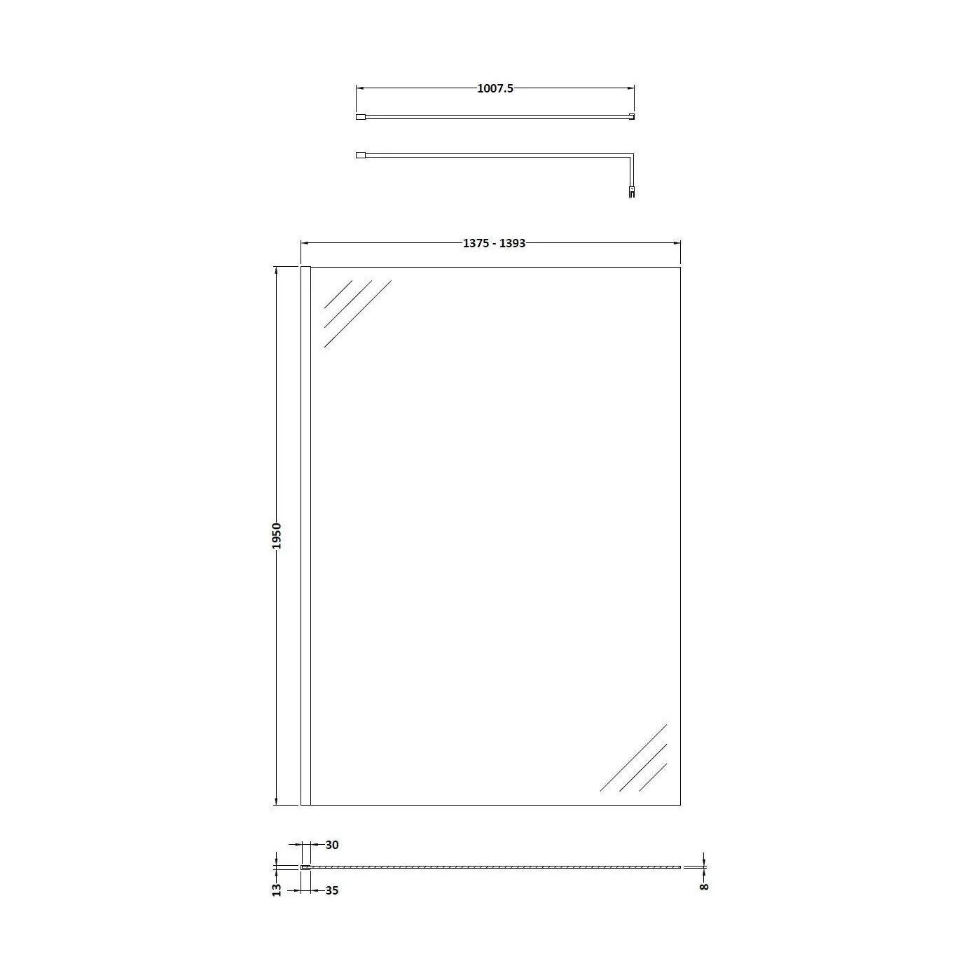 Balterley Contemporary Bathroom 8mm Glass Profile Wetroom Screen with Support Bar, Brushed Brass, 1950 x 1400 x 14mm - Image 2