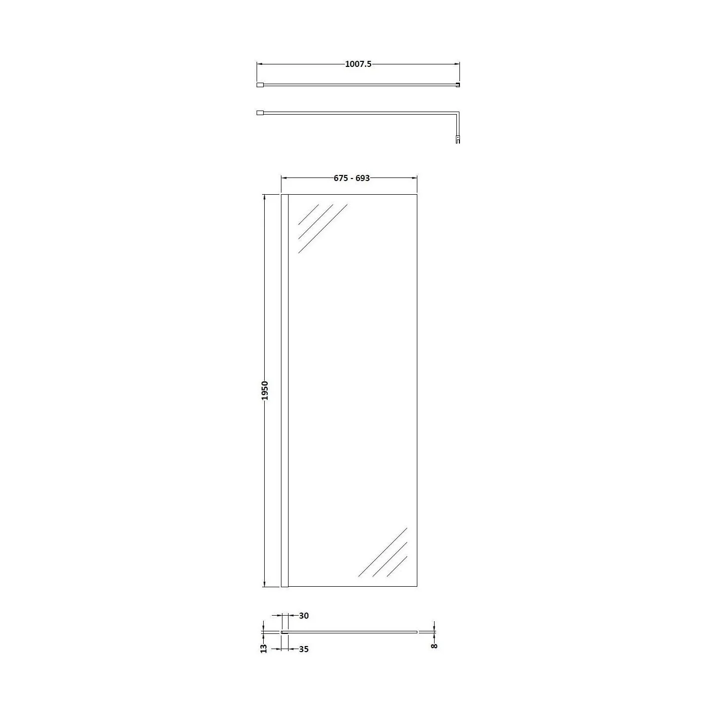 Balterley Contemporary Bathroom 8mm Glass Profile Wetroom Screen with Support Bar, Matt Black, 1950 x 700 x 14mm - Image 2